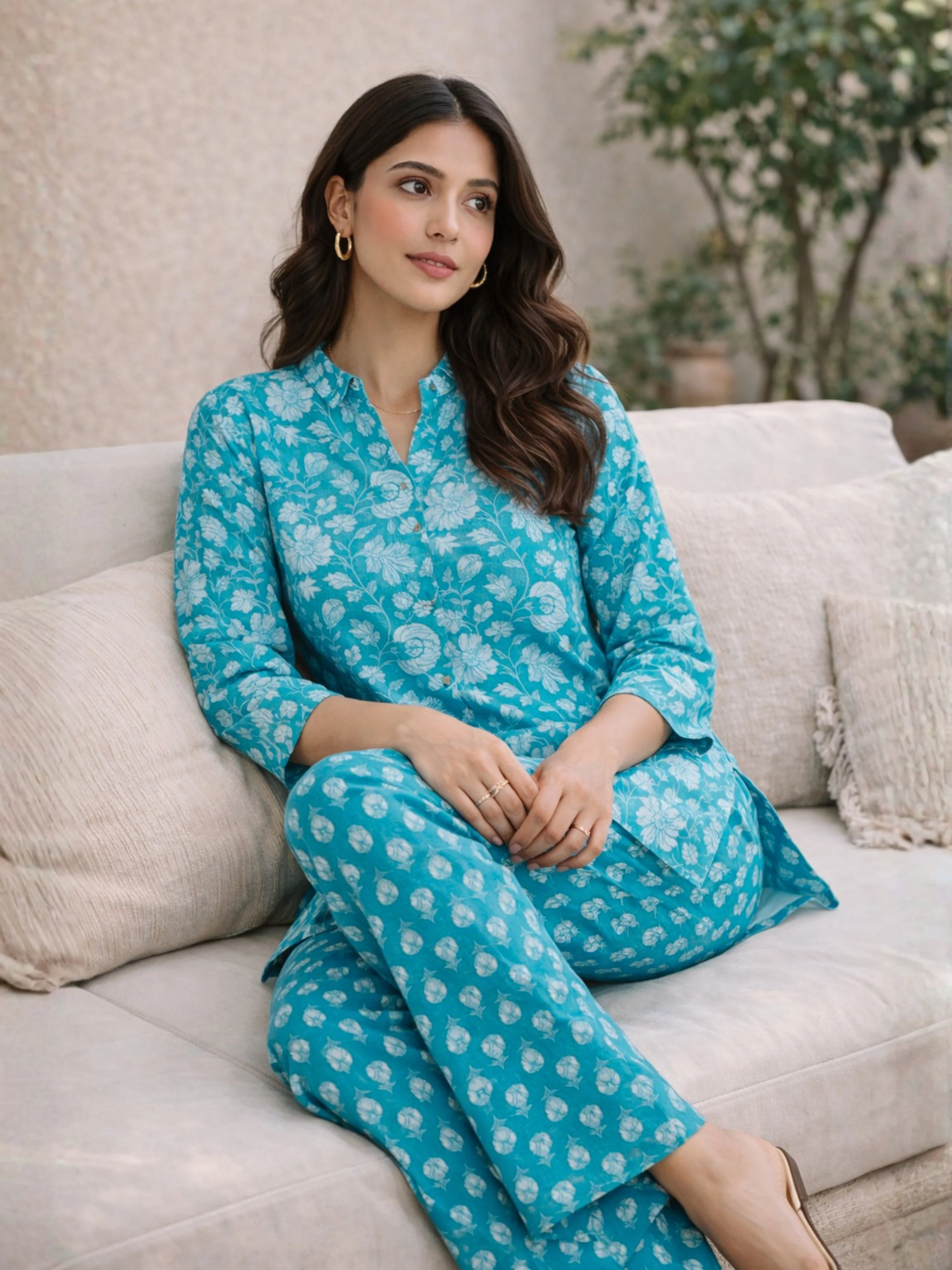 Cyan Pure Cotton Collar Neck Co-ord set - Image 6