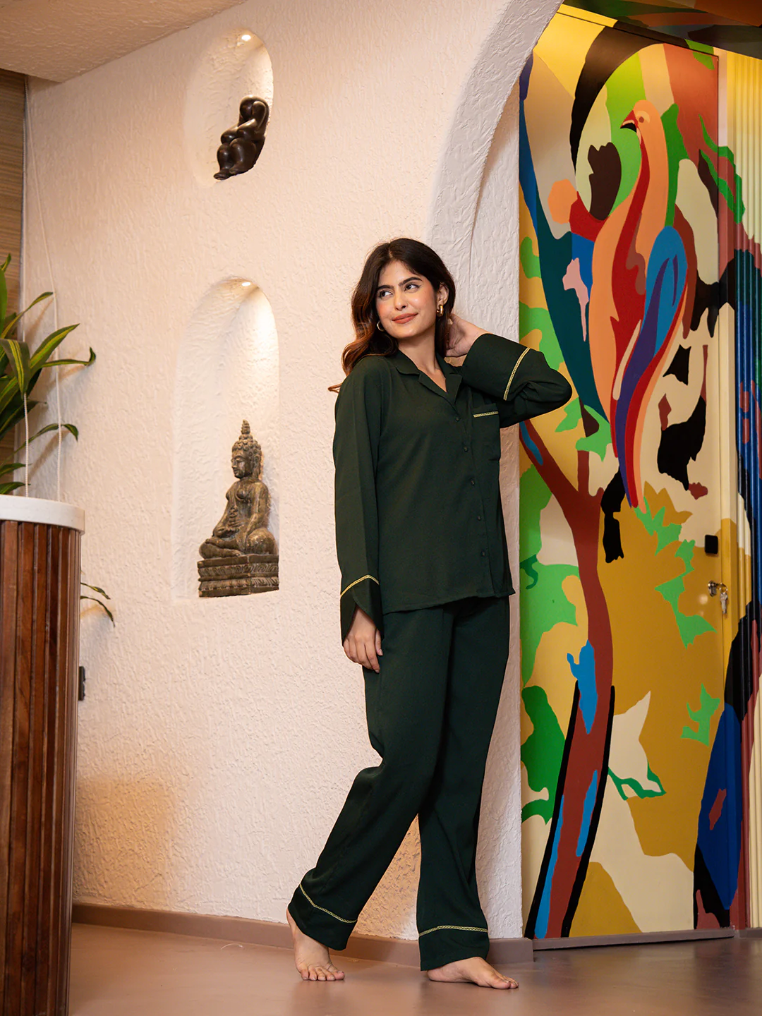 Dark Green Soft Crepe Night Suit - Image 13