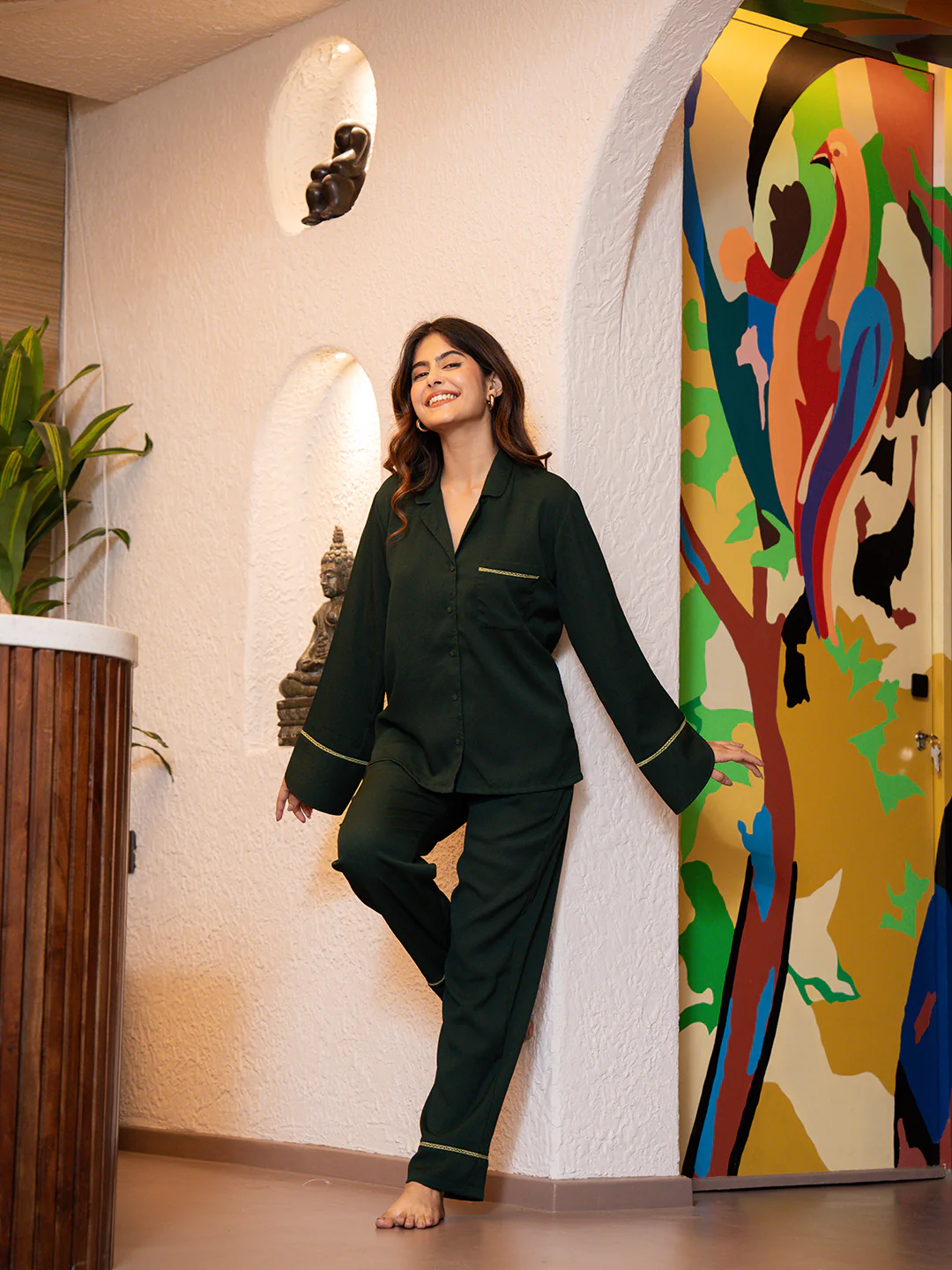 Dark Green Soft Crepe Night Suit - Image 16