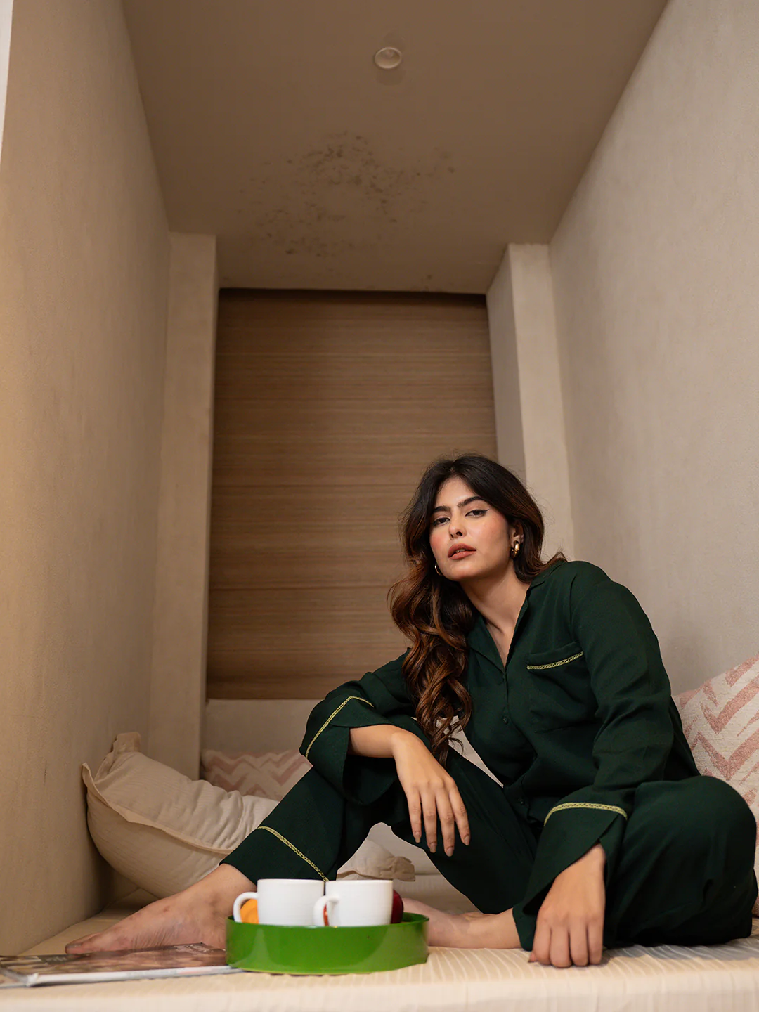 Dark Green Soft Crepe Night Suit - Image 24
