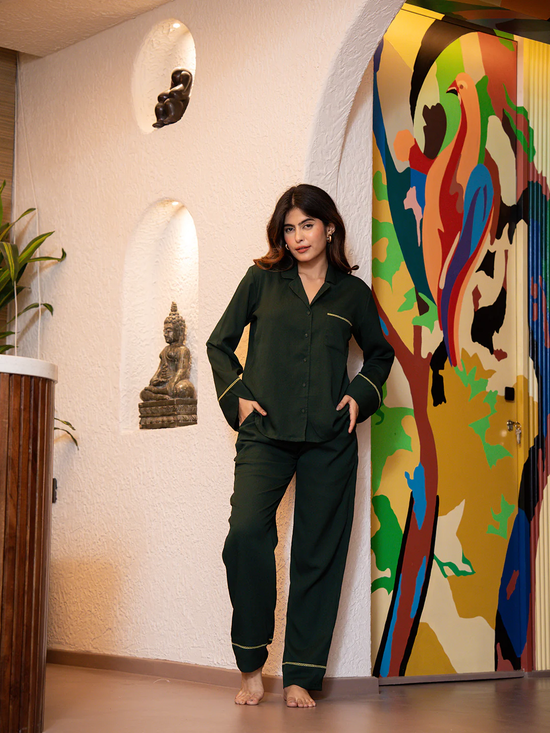Dark Green Soft Crepe Night Suit - Image 3