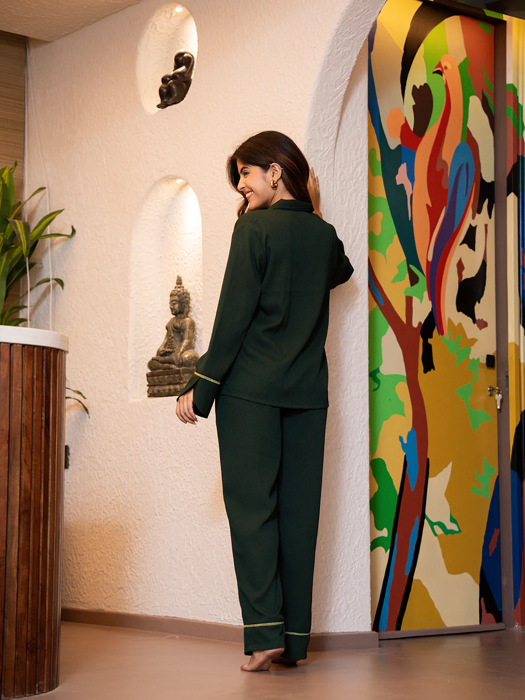 Dark Green Soft Crepe Night Suit - Image 5
