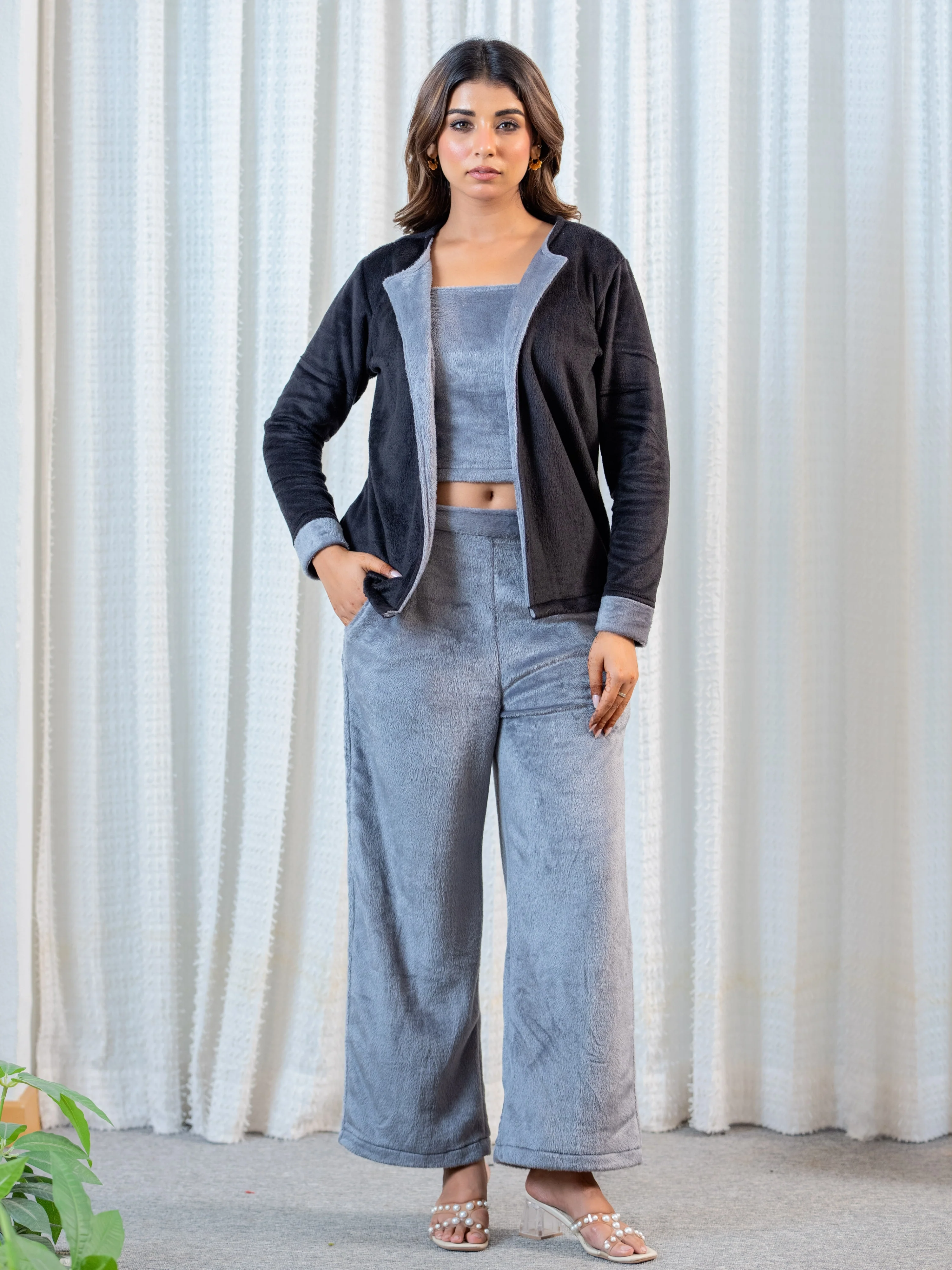 Dark Grey Super Soft Woollen Contrast Shrug Set - Image 3