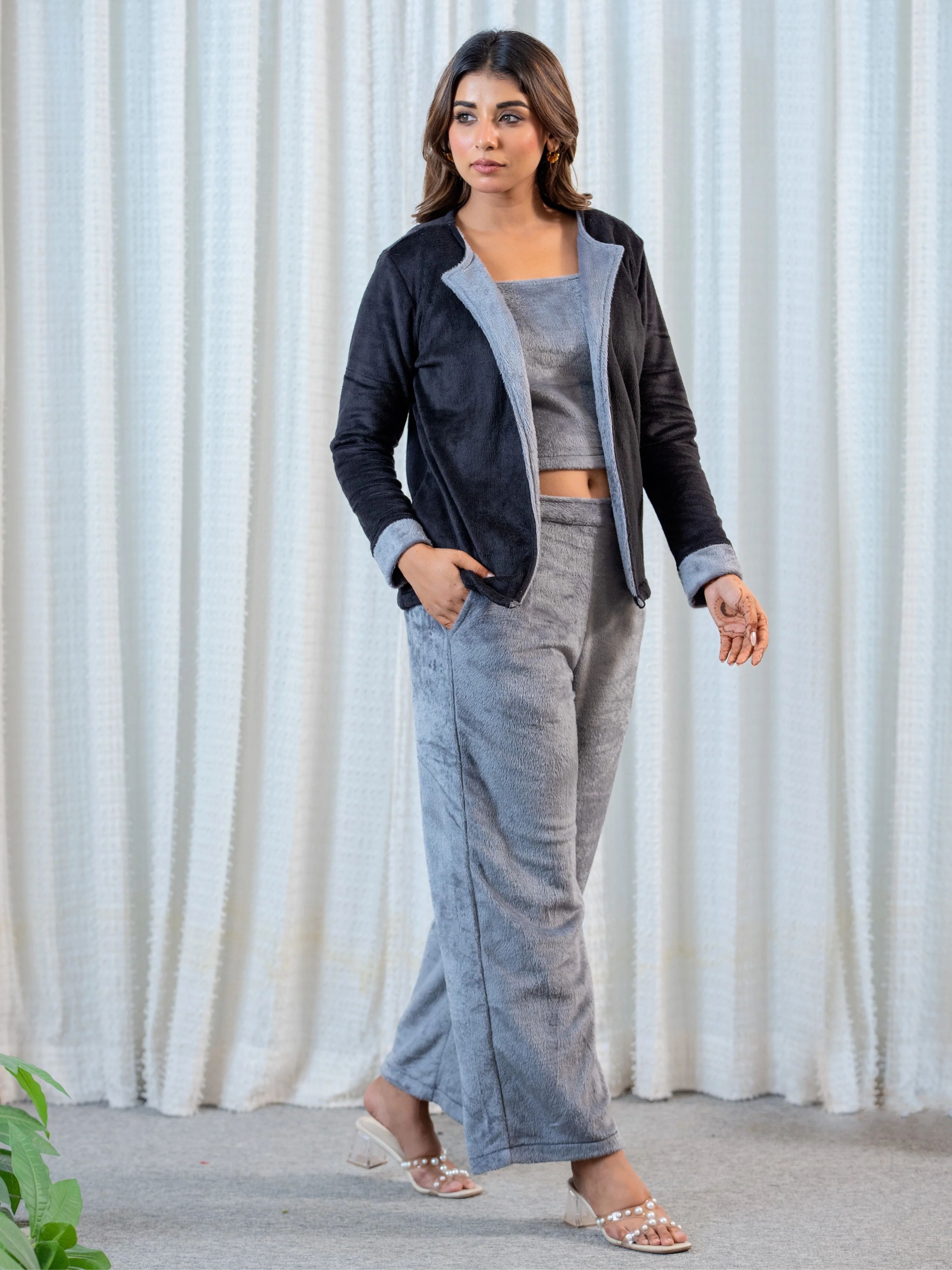 Dark Grey Super Soft Woollen Contrast Shrug Set - Image 5