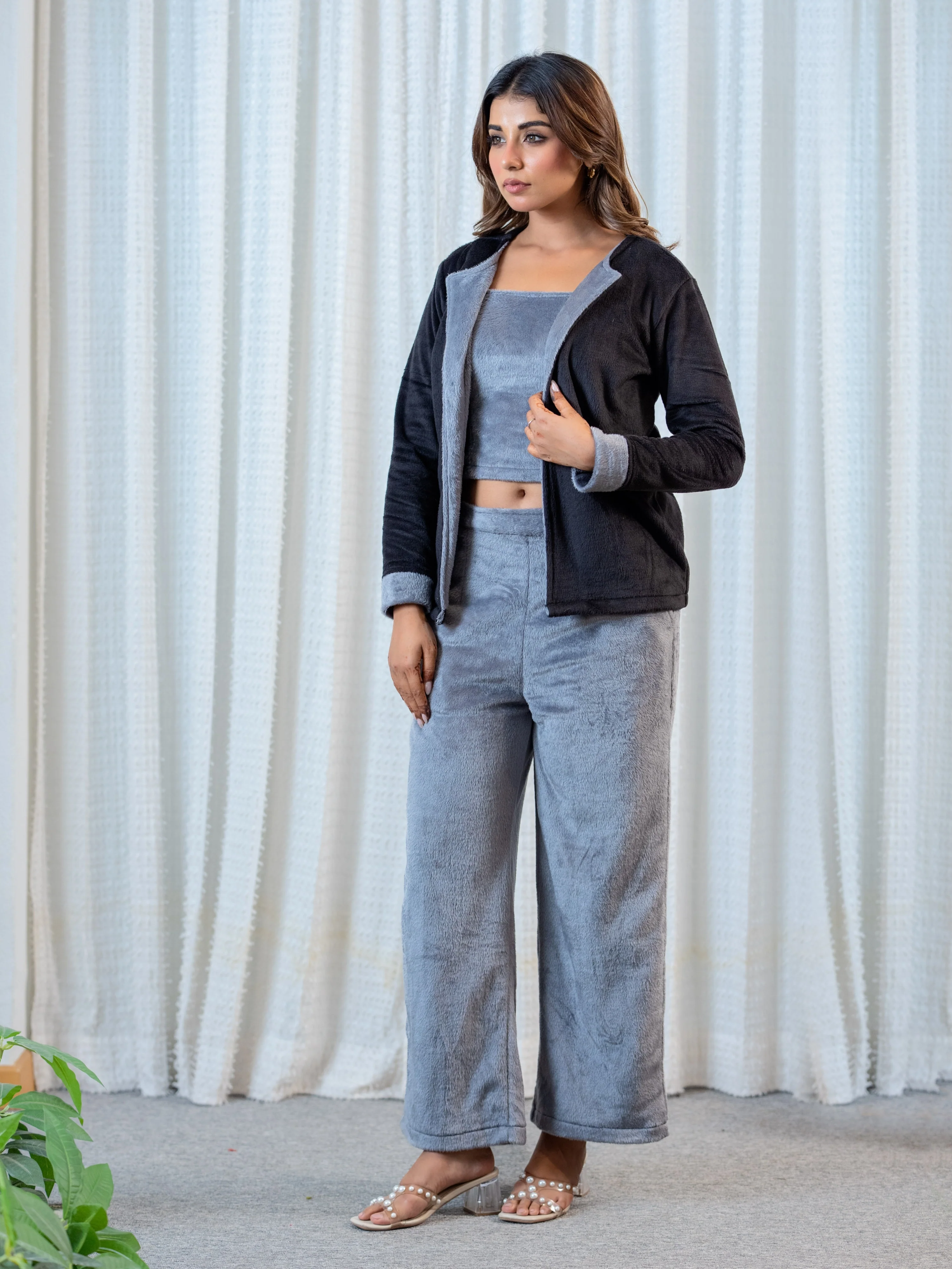 Dark Grey Super Soft Woollen Contrast Shrug Set - Image 6