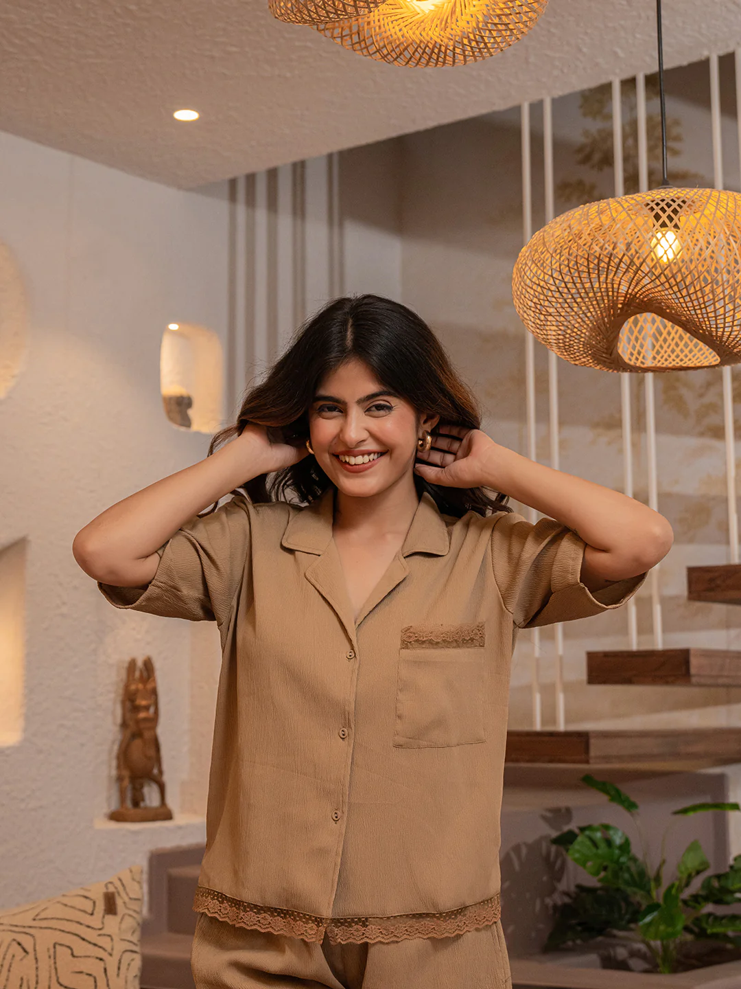 Desert Brown Soft Crepe Shirt and Shorts Night Dress - Image 15