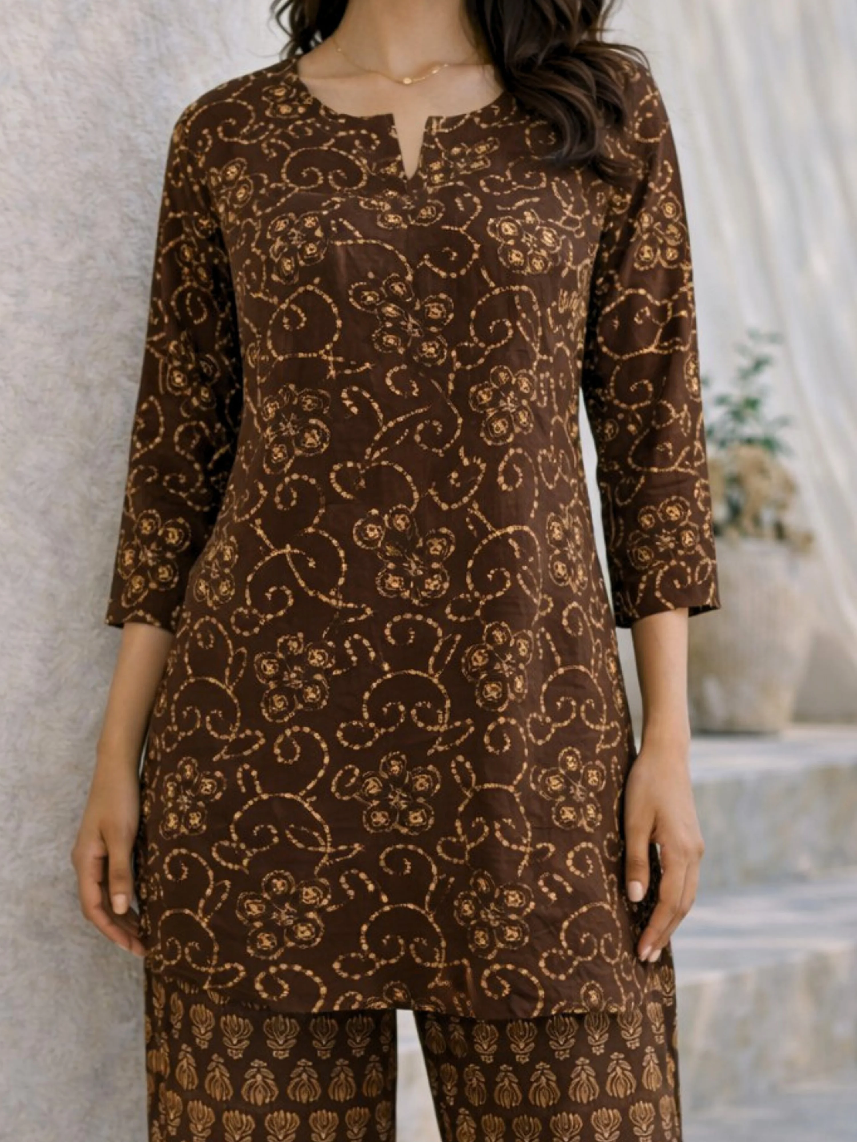 Brown Bandhani Jaal  Print Pure Cotton Round neck Co-ord set - Image 2