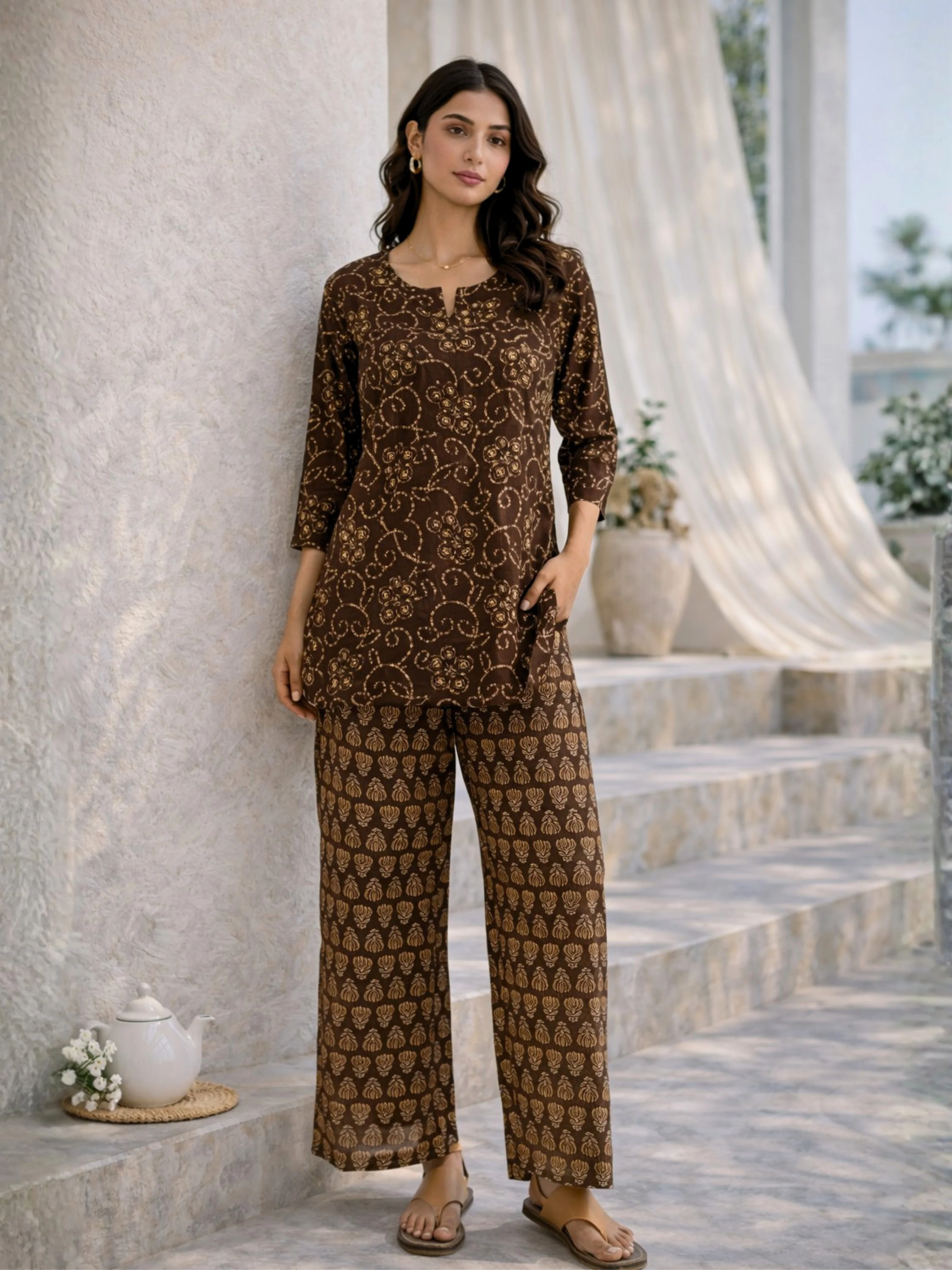 Brown Bandhani Jaal  Print Pure Cotton Round neck Co-ord set - Image 3