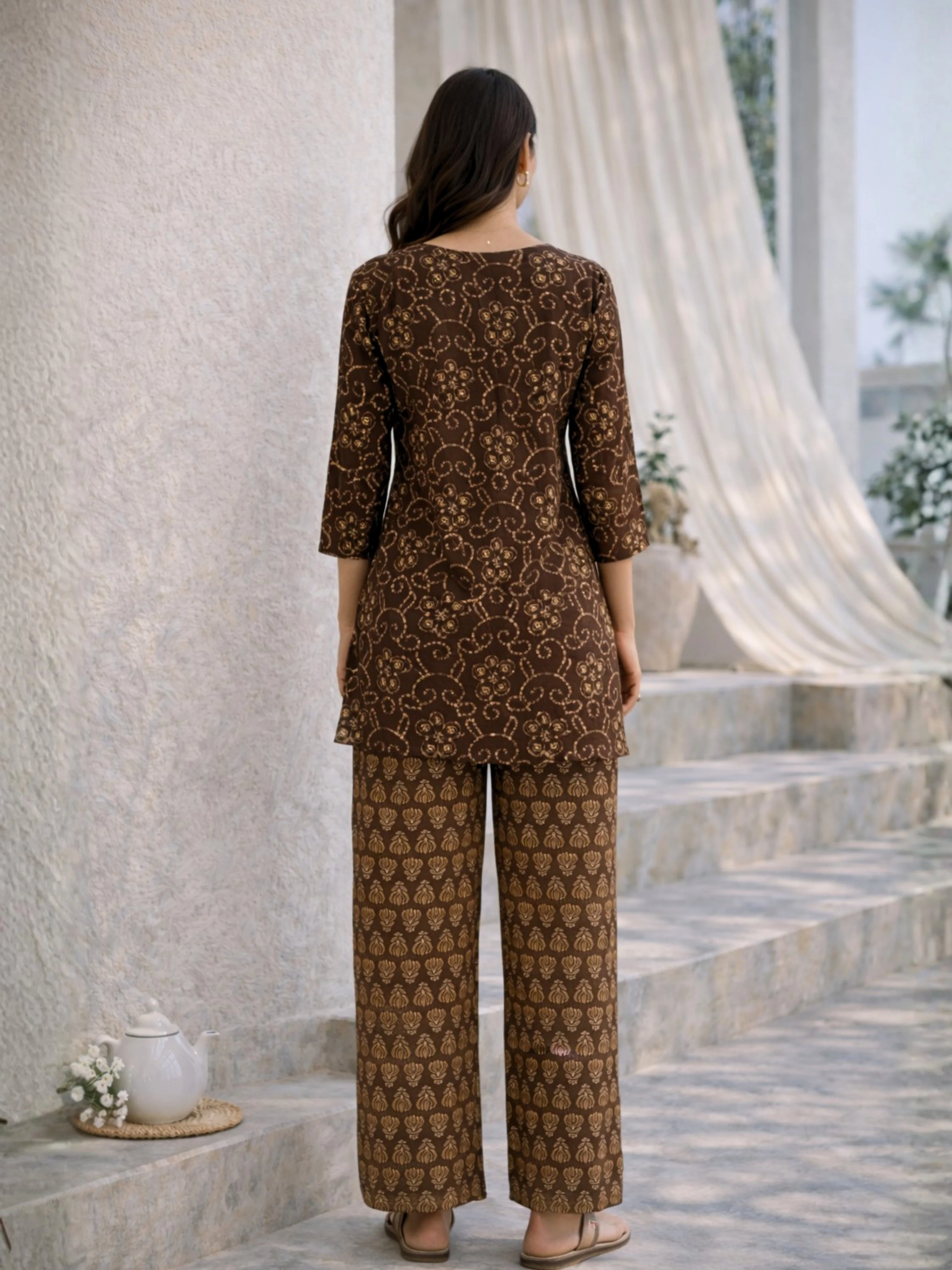 Brown Bandhani Jaal  Print Pure Cotton Round neck Co-ord set - Image 4