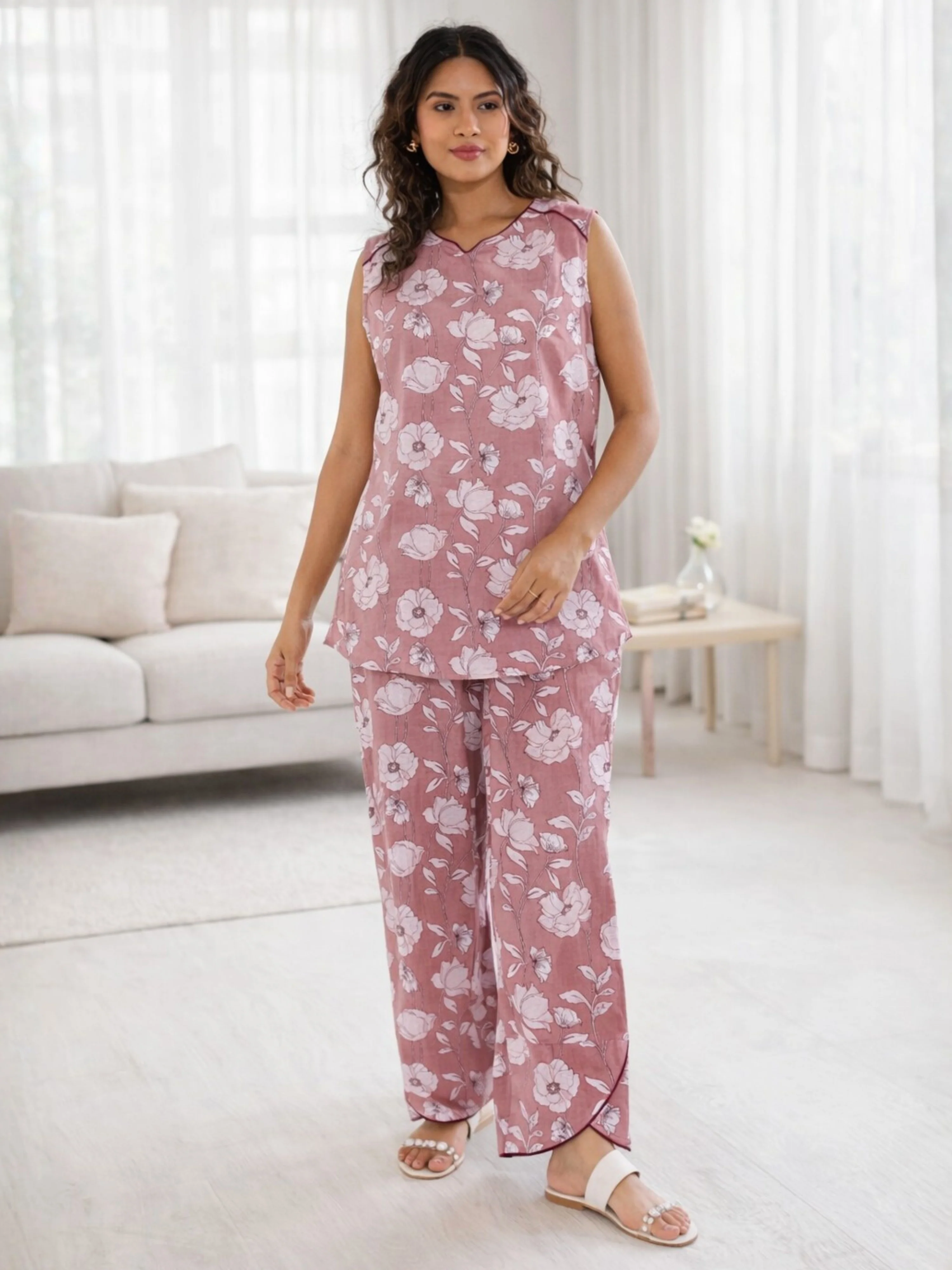 Dusty Rose Pure Cotton Sleeveless Co-Ord Set - Image 3