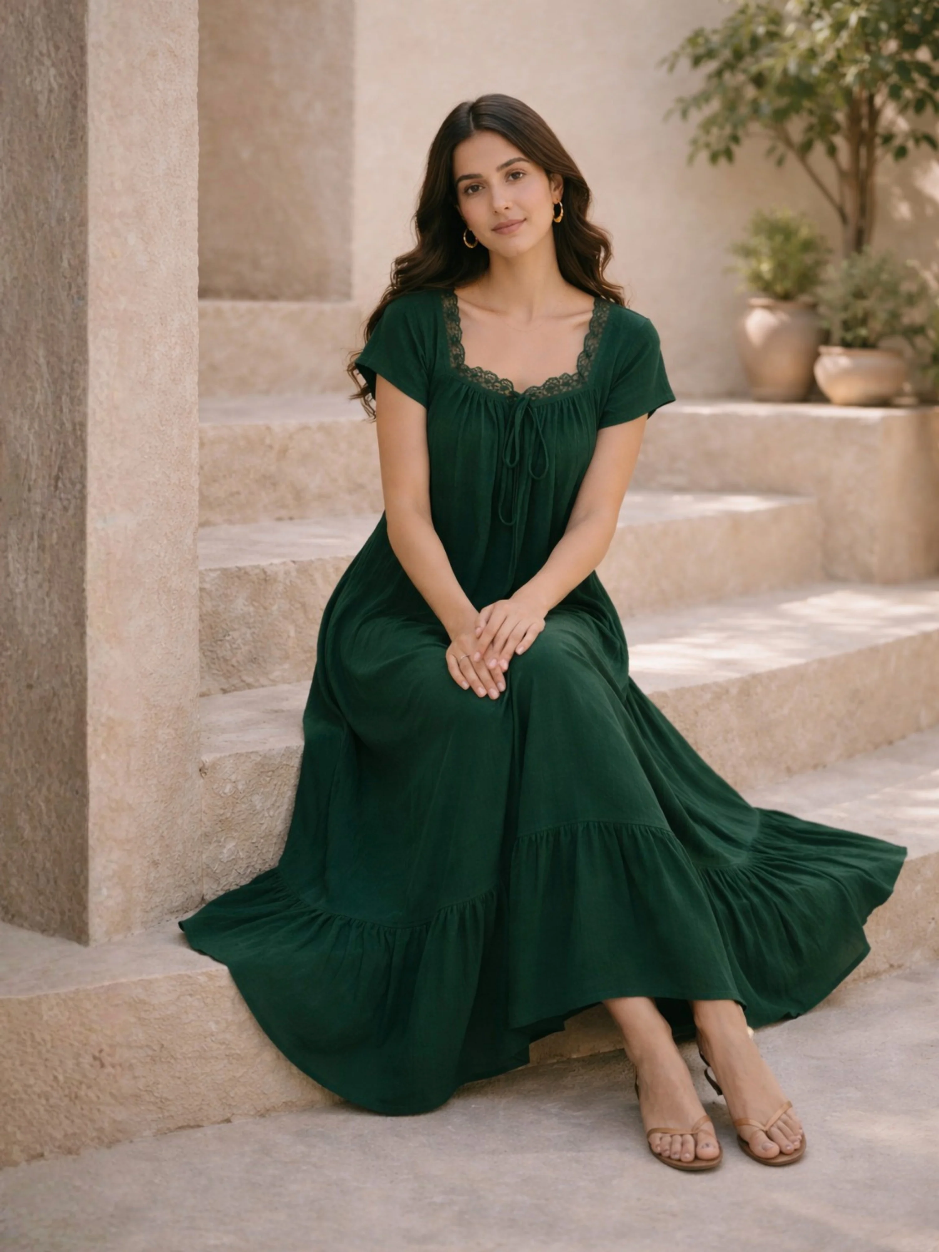 Emerald Green Flared Soft Crepe Night Maxi - Image 4