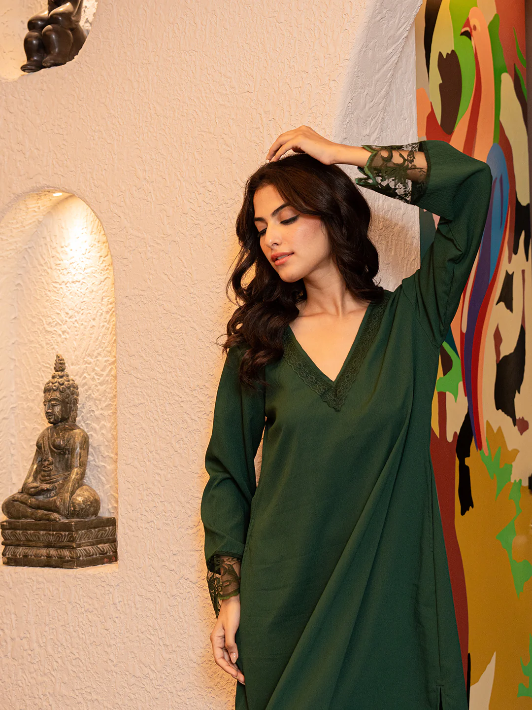 Emerald Green Soft Crepe V-Neck Midi Night Gown - Image 13