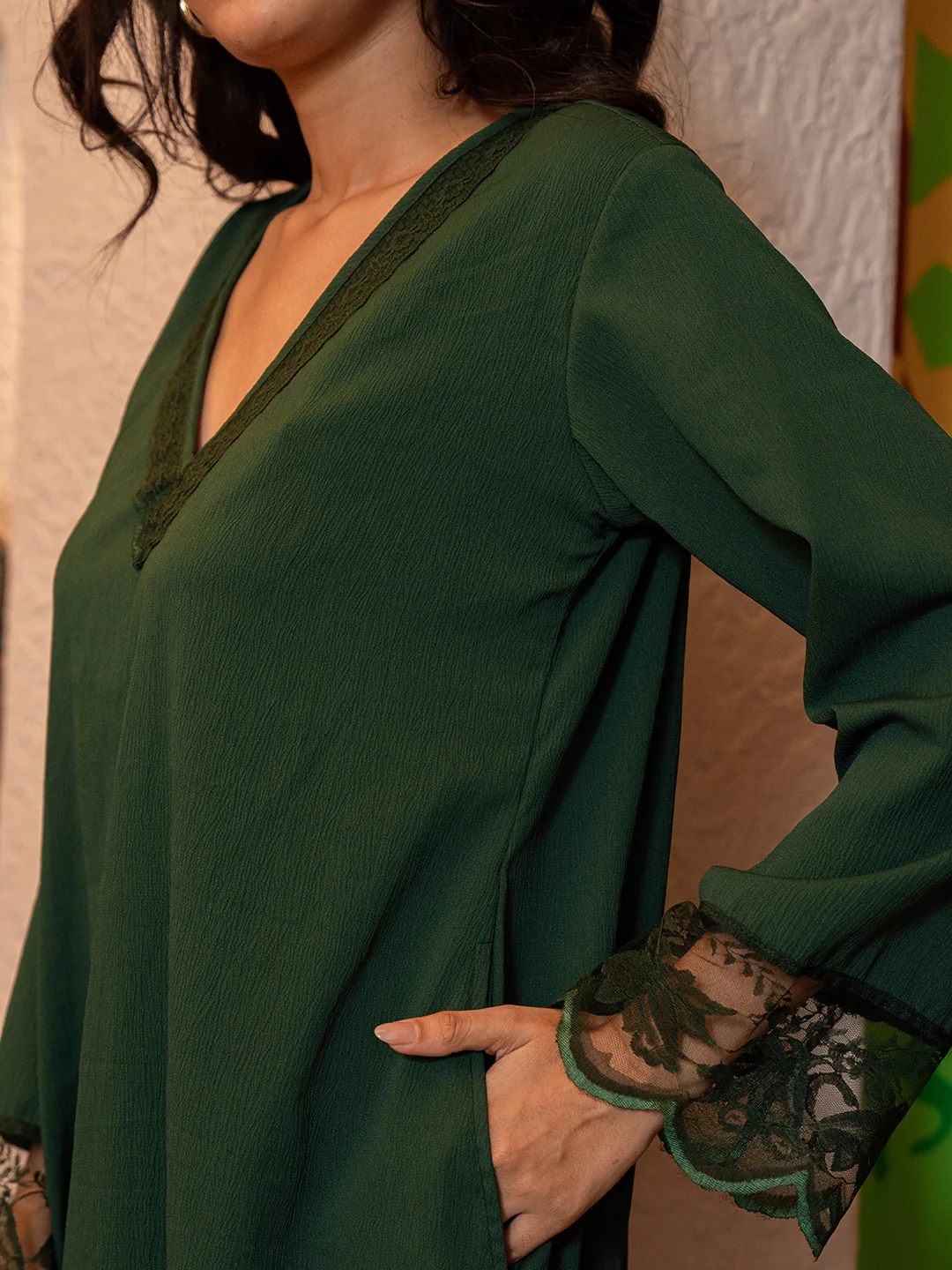 Emerald Green Soft Crepe V-Neck Midi Night Gown - Image 3