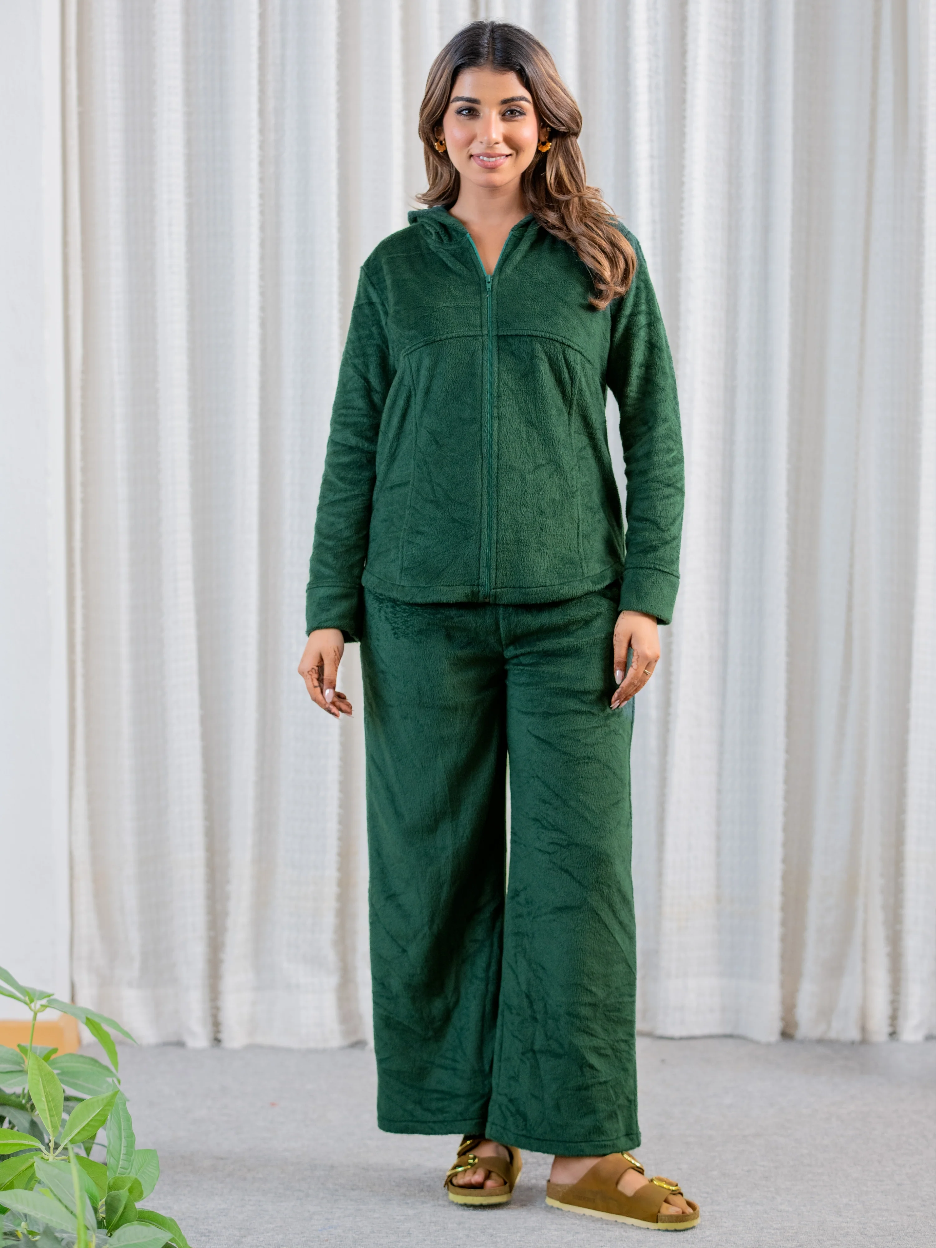 Emerald Green Super Soft Woollen Zip-Up Hoodie Sweatshirt Set - Image 5