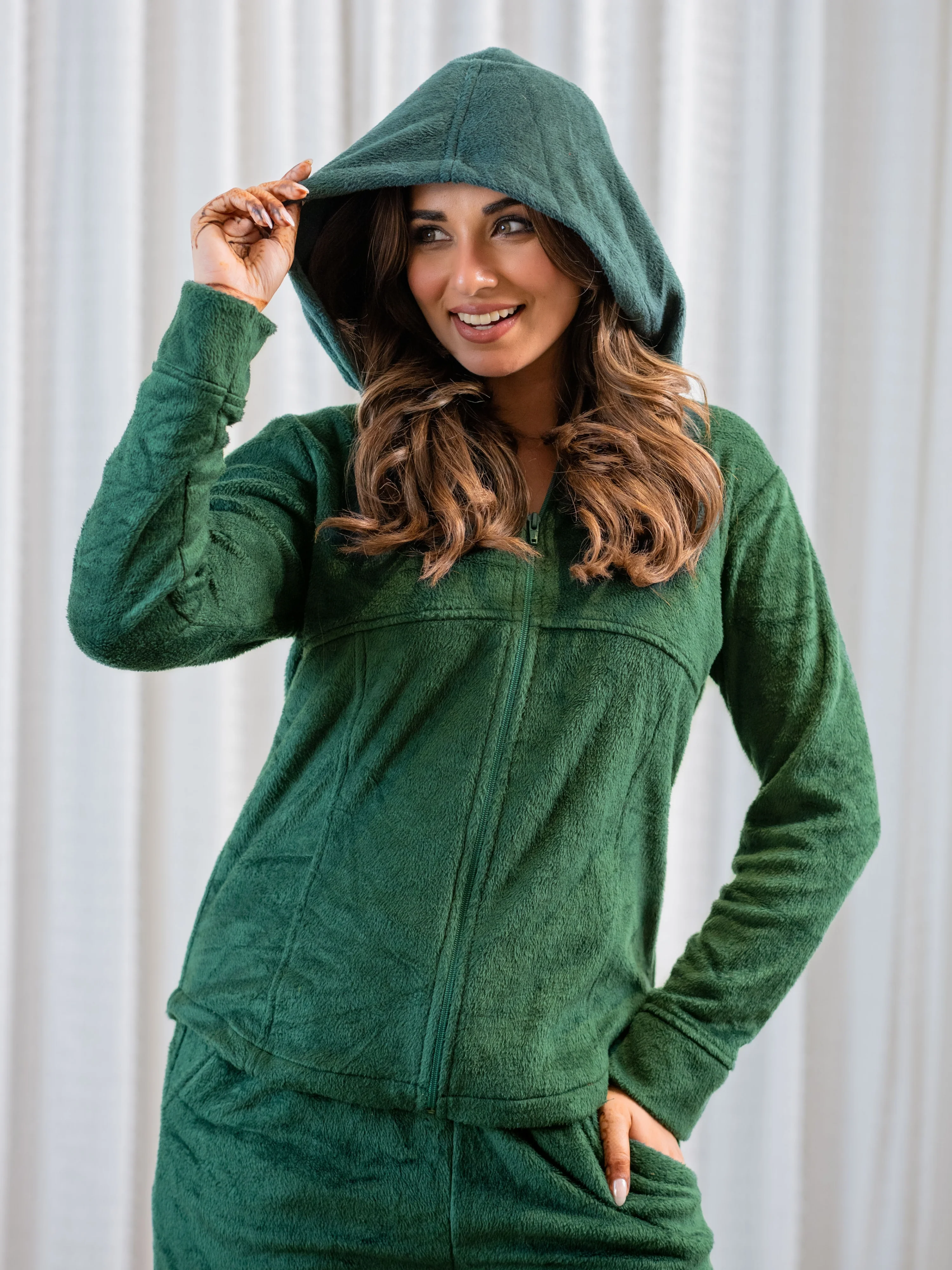 Emerald Green Super Soft Woollen Zip-Up Hoodie Sweatshirt Set - Image 6