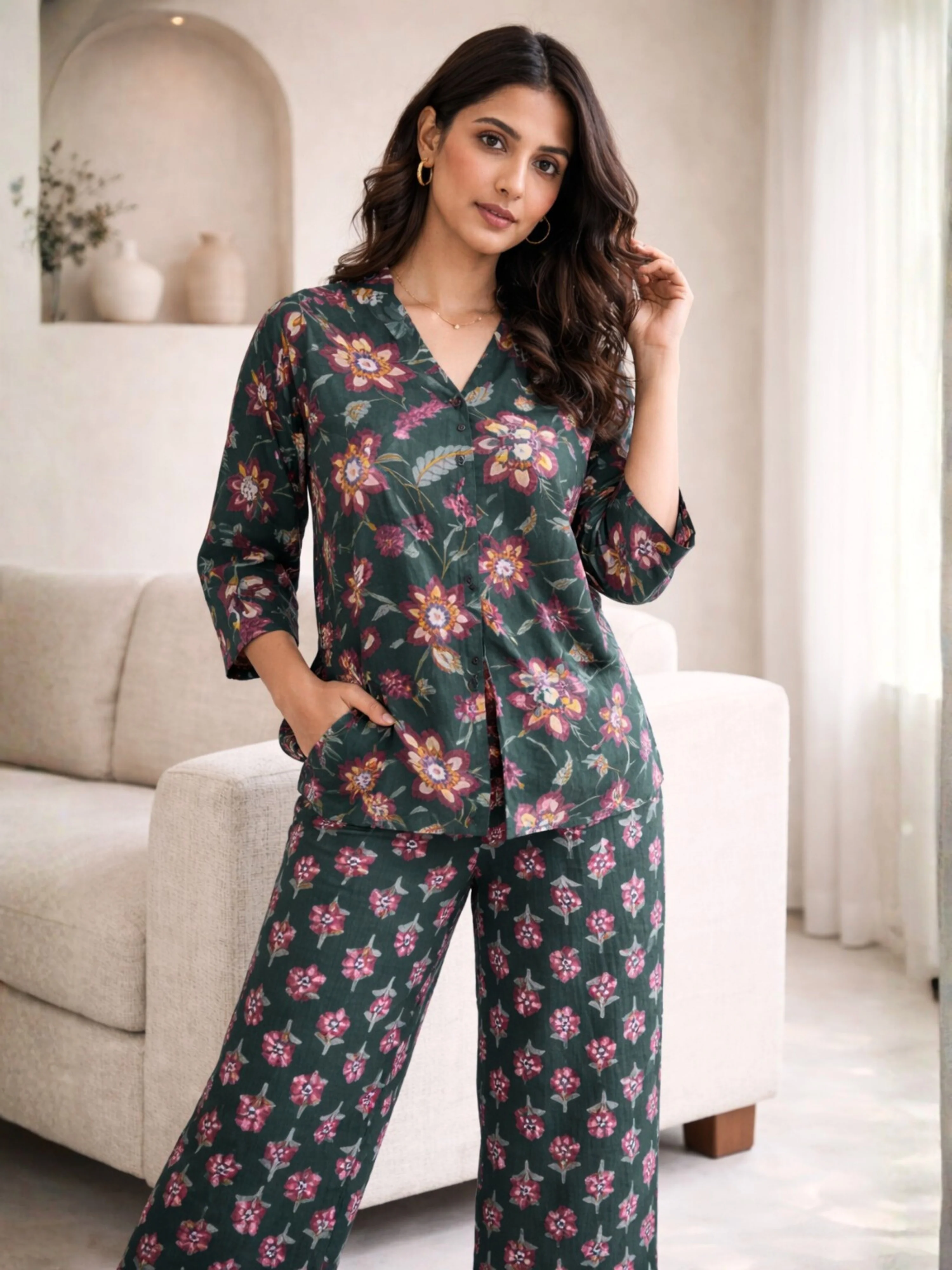 Emerald Muse Pure Cotton Women's Back Pleated Co-ord Set - Image 5