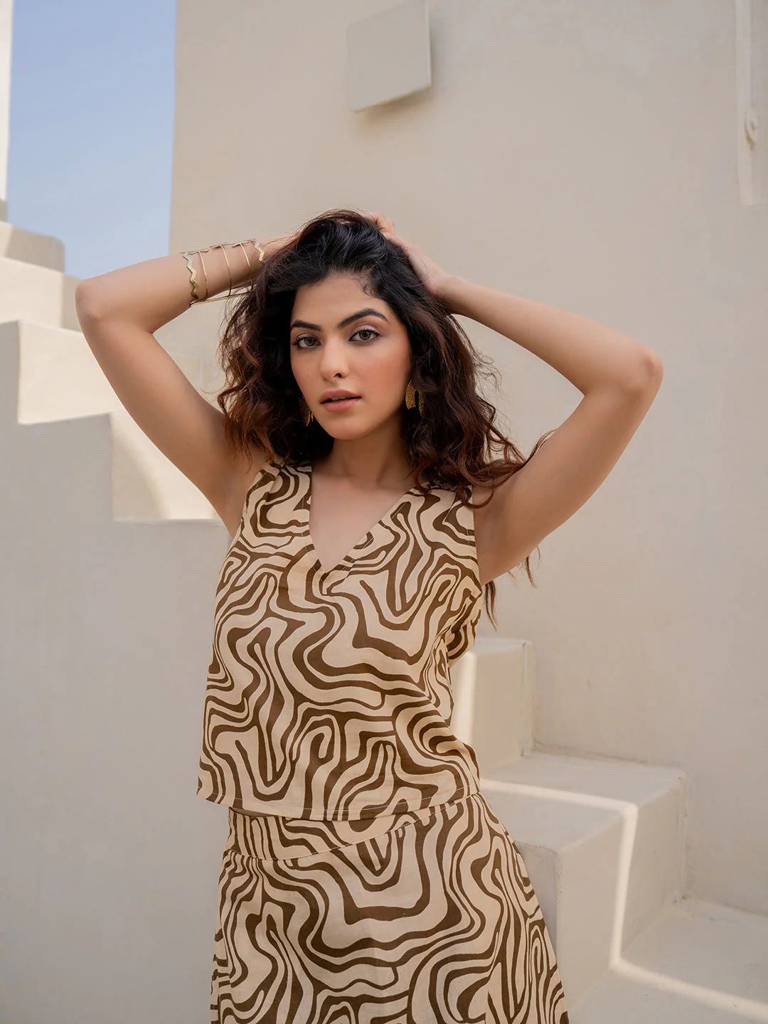 Fluid Wave Caramel Cream Back Tie Top - Image 3