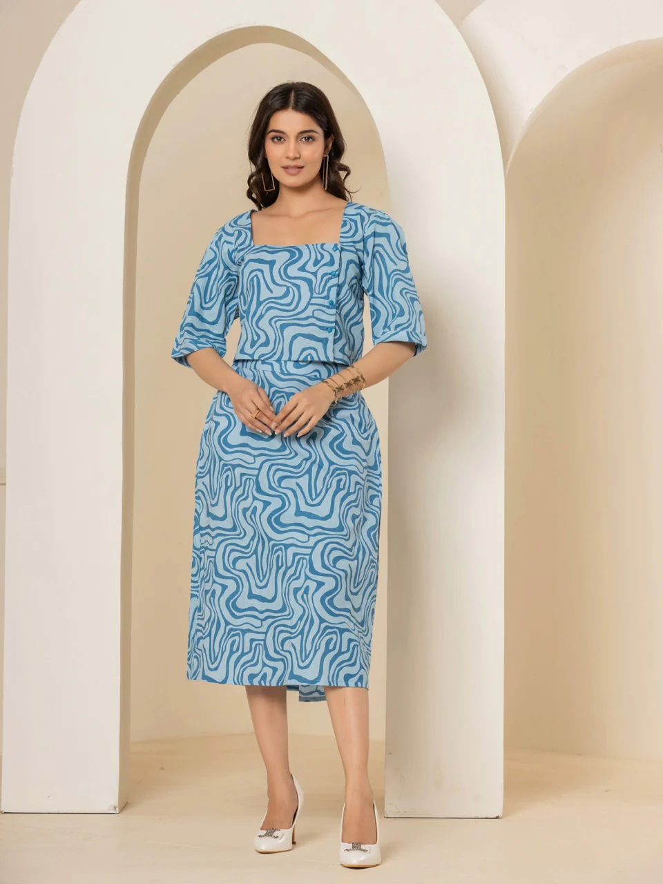 Fluid Wave Ocean Breeze Blue Midi Skirt Set - Image 4