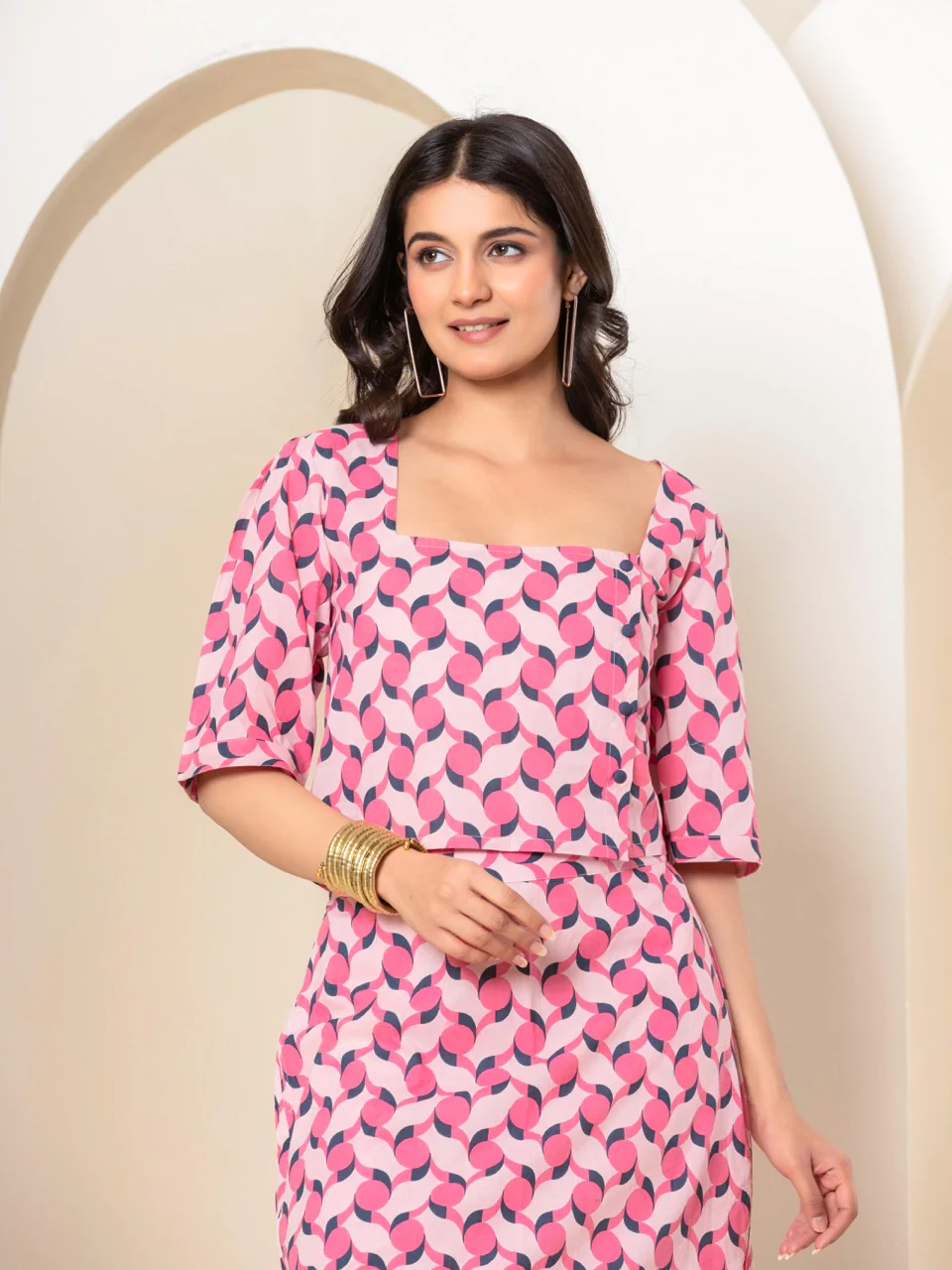 Geometrical Cherry Blossom Pink Midi Skirt Set - Image 10