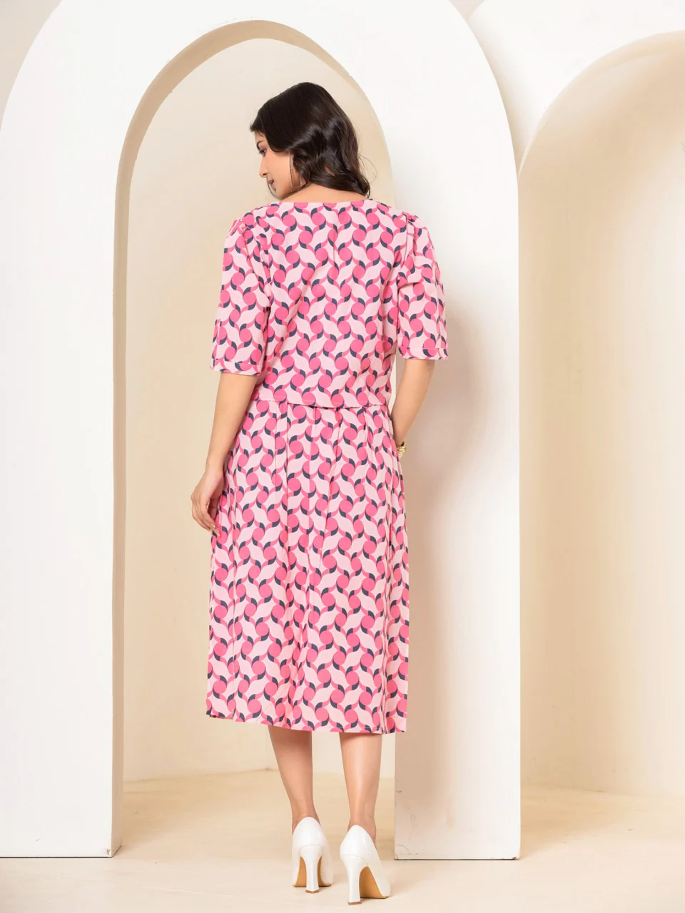 Geometrical Cherry Blossom Pink Midi Skirt Set - Image 3