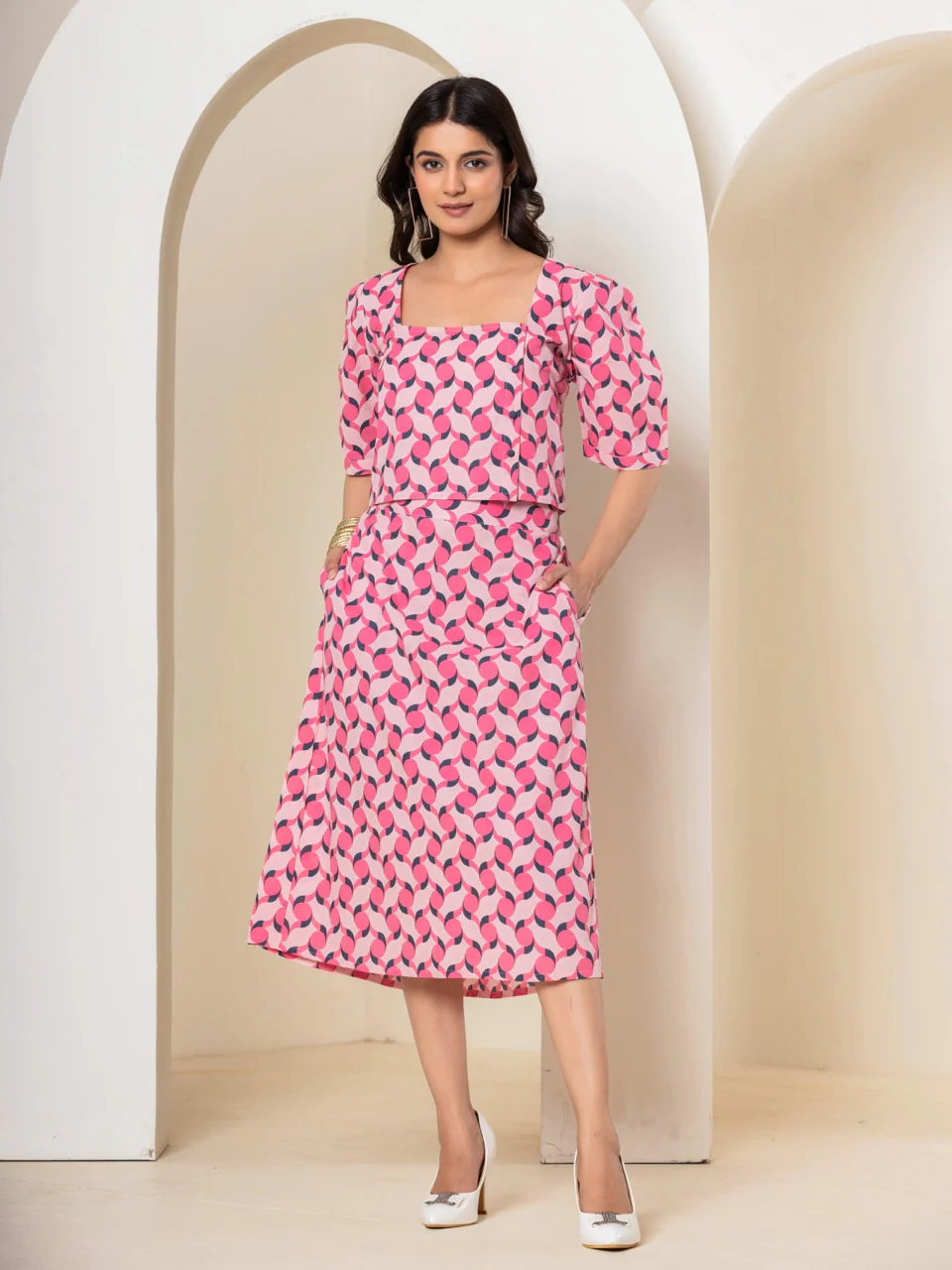 Geometrical Cherry Blossom Pink Midi Skirt Set - Image 4
