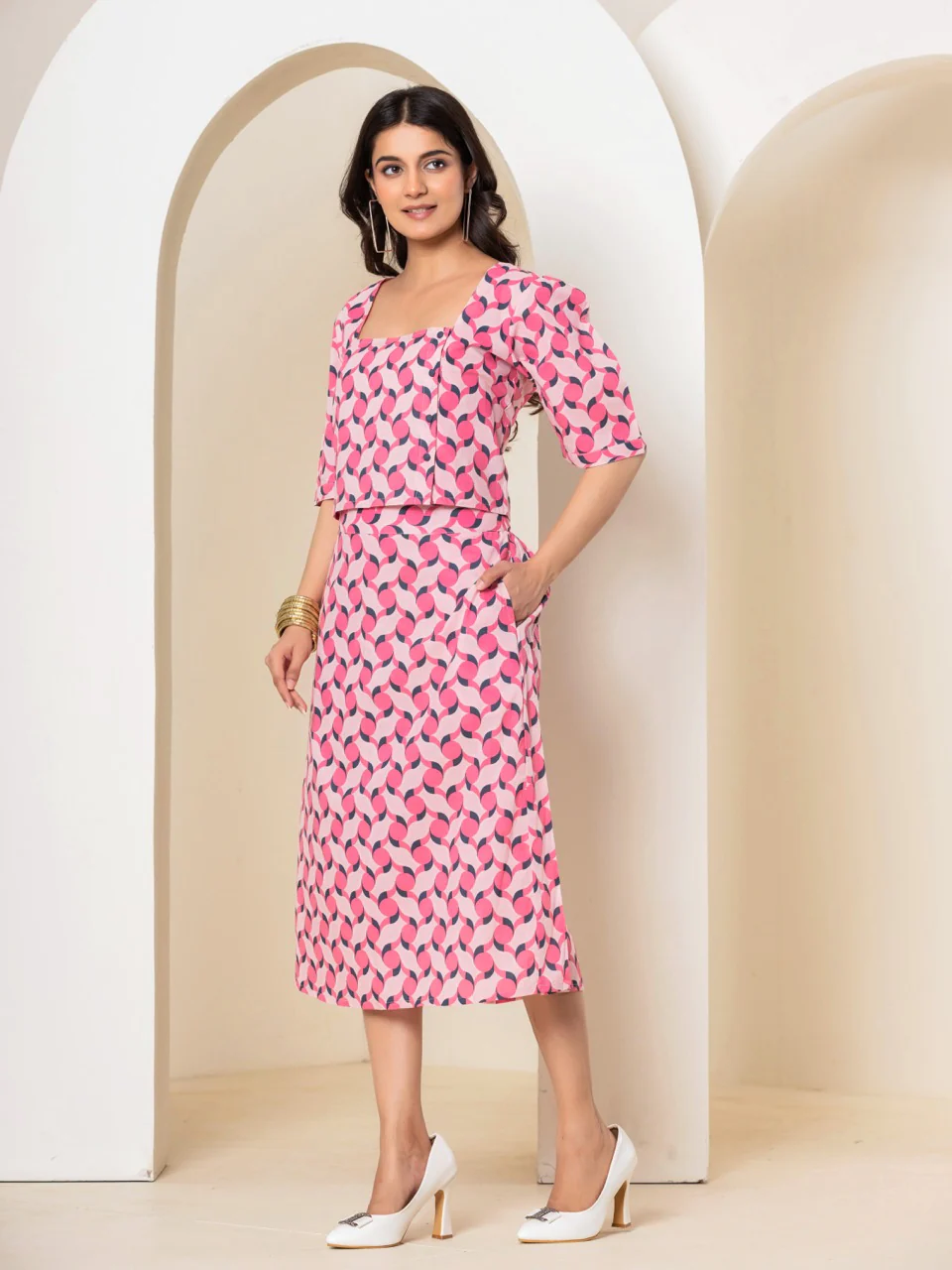 Geometrical Cherry Blossom Pink Midi Skirt Set - Image 5