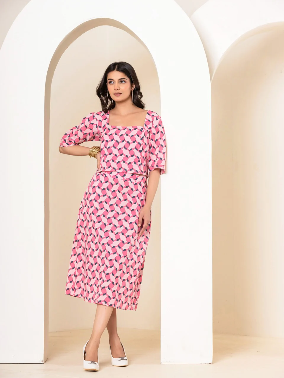 Geometrical Cherry Blossom Pink Midi Skirt Set - Image 6