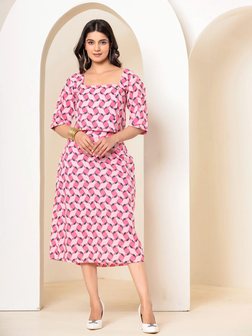 Geometrical Cherry Blossom Pink Midi Skirt Set - Image 7