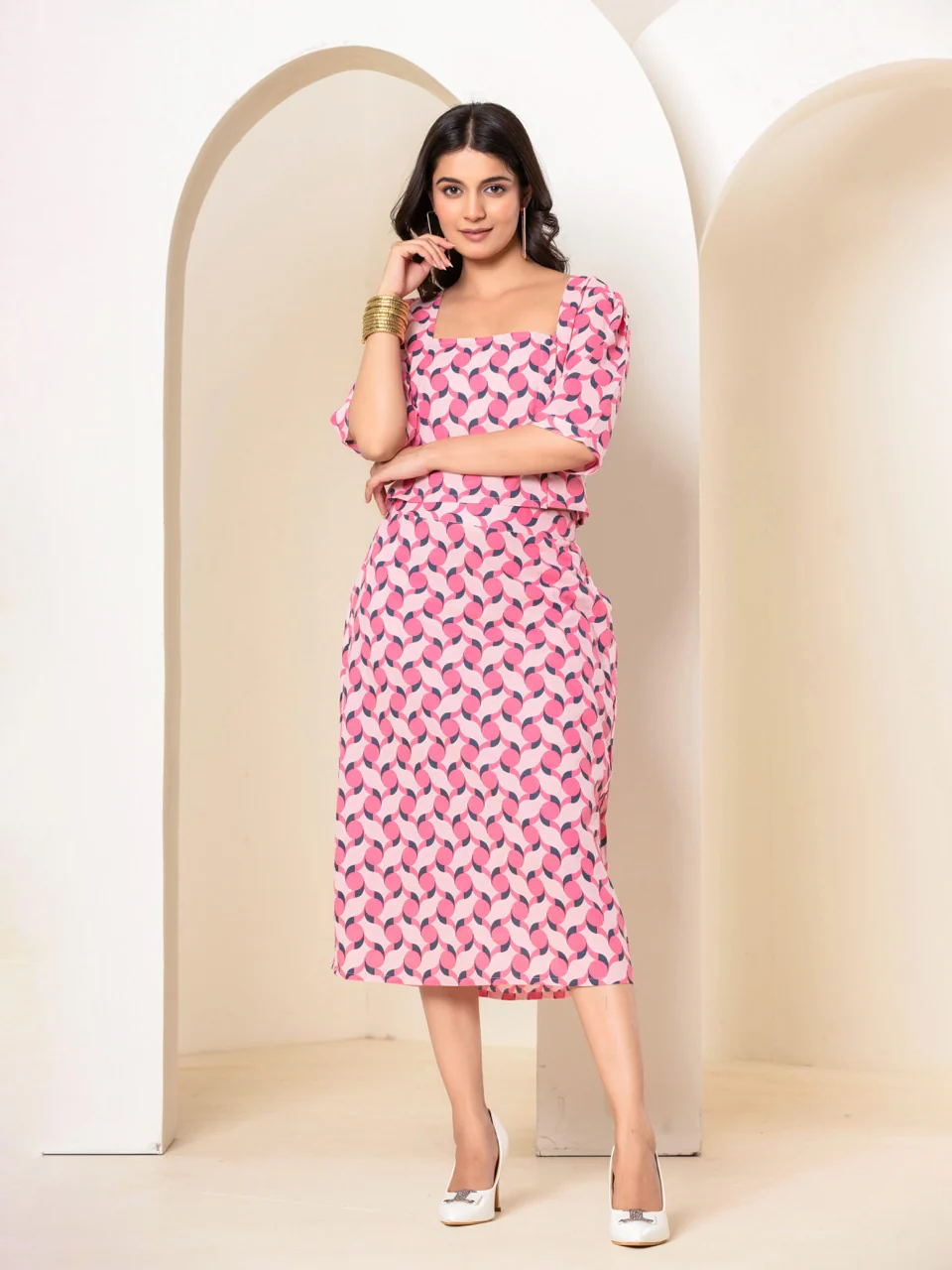 Geometrical Cherry Blossom Pink Midi Skirt Set - Image 8