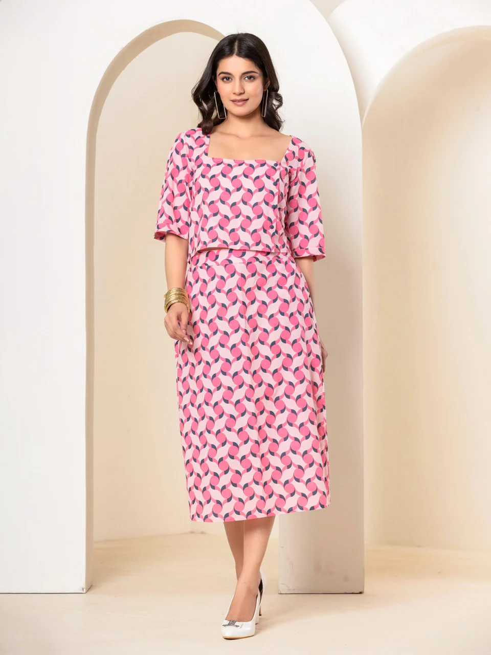 Geometrical Cherry Blossom Pink Midi Skirt Set - Image 9