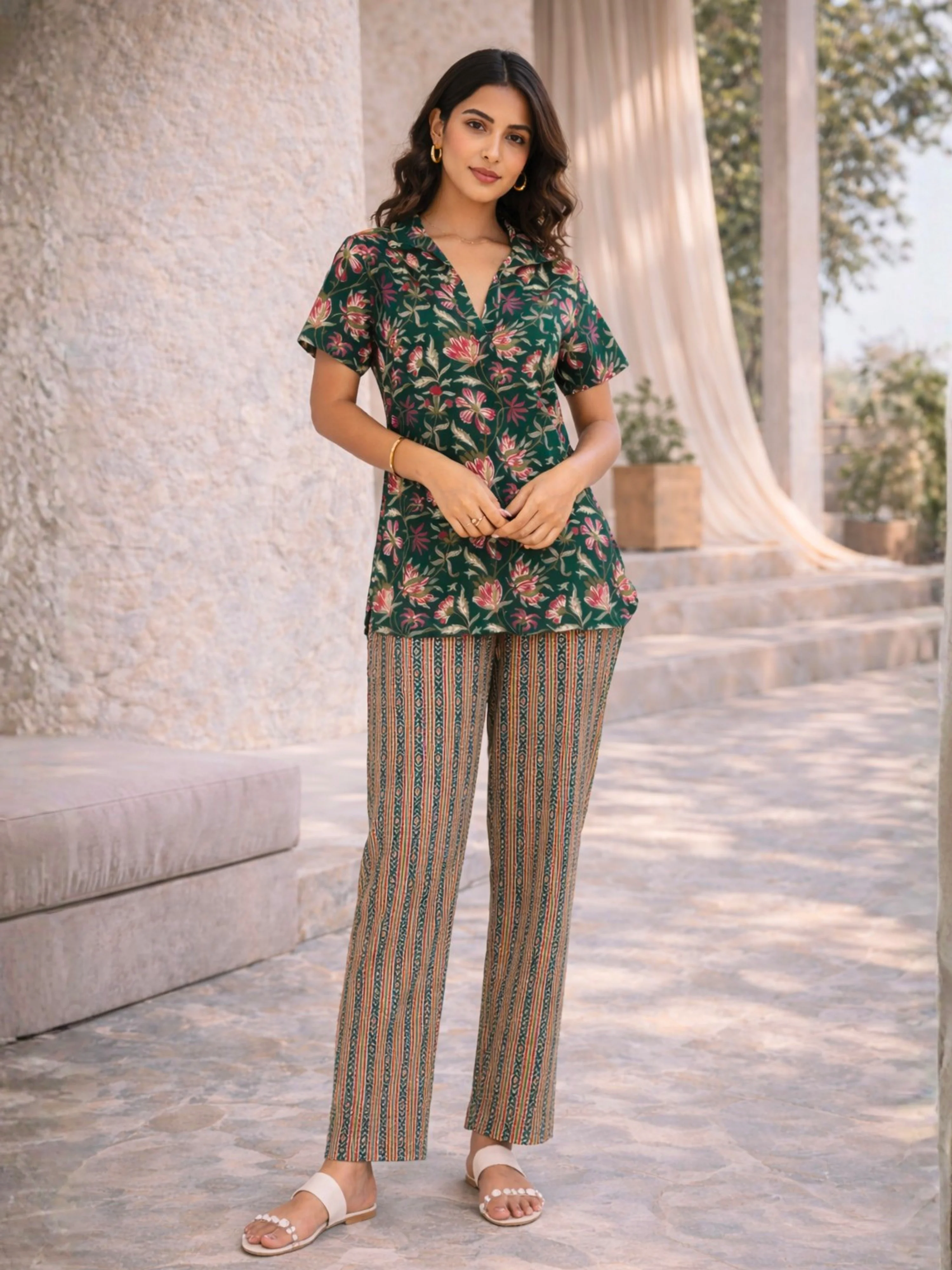 Green Delight Pure Cotton Short Sleeves Collar Co-Ord Set - Image 3