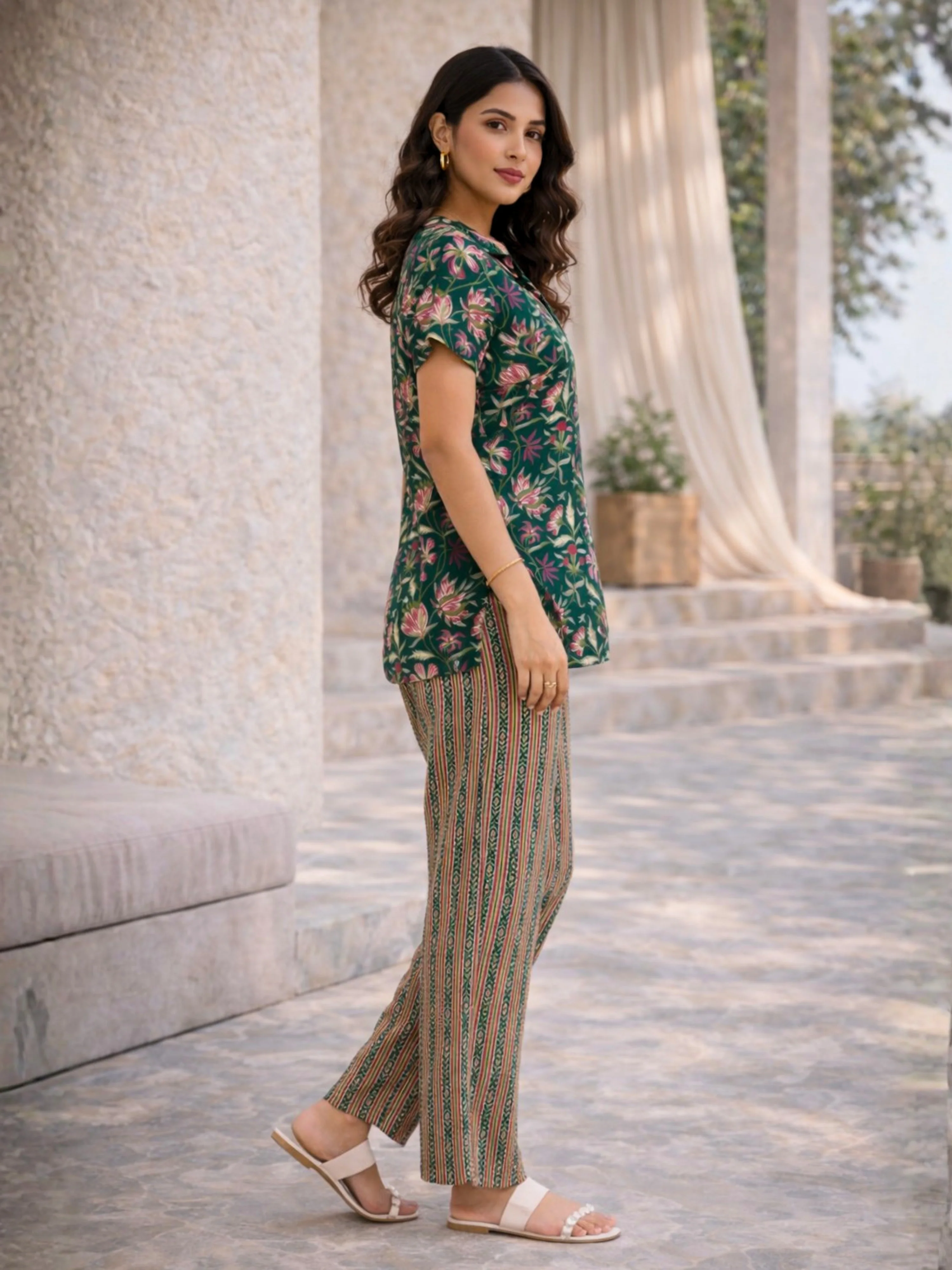 Green Delight Pure Cotton Short Sleeves Collar Co-Ord Set - Image 5