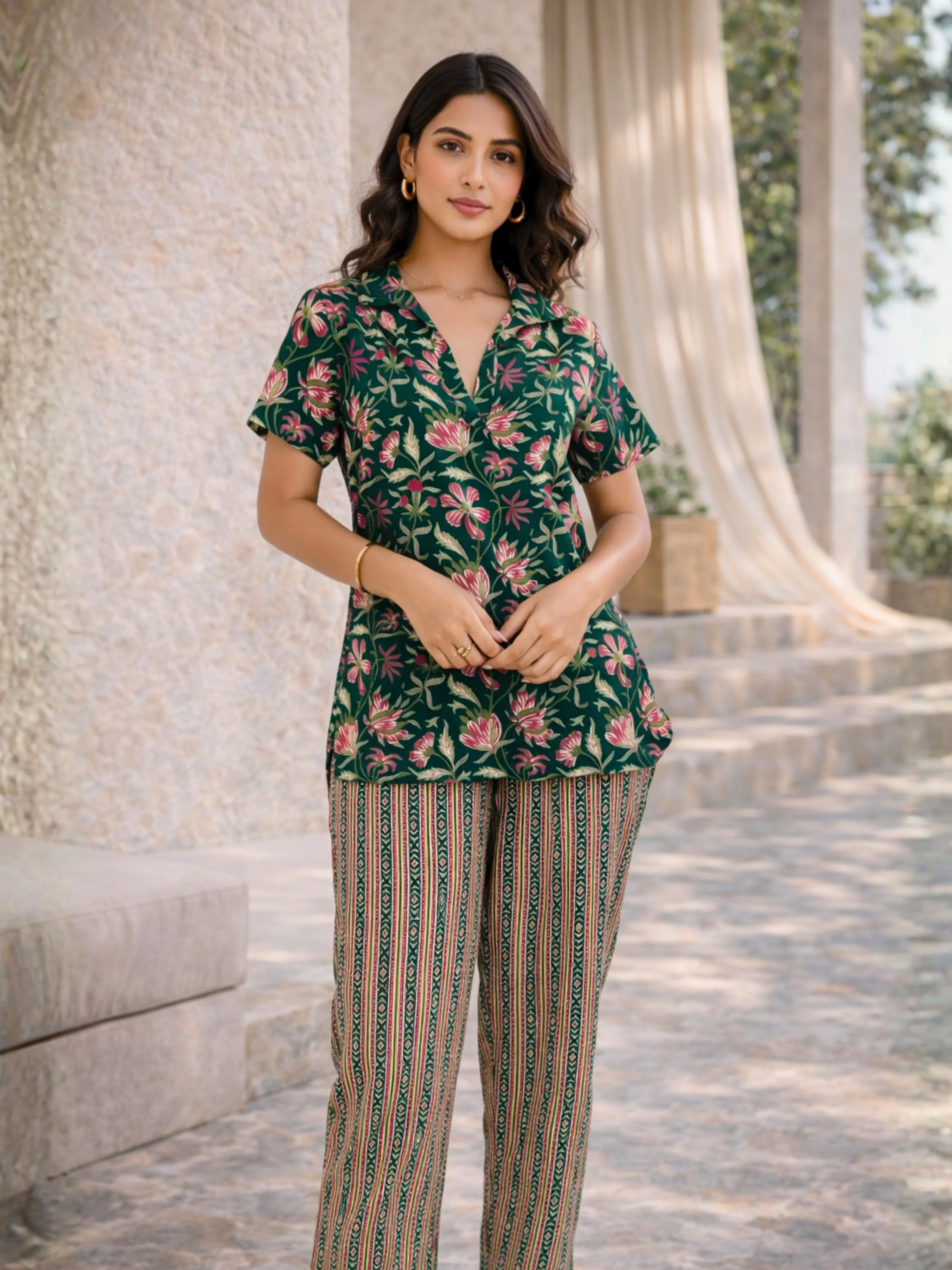 Green Delight Pure Cotton Short Sleeves Collar Co-Ord Set - Image 6