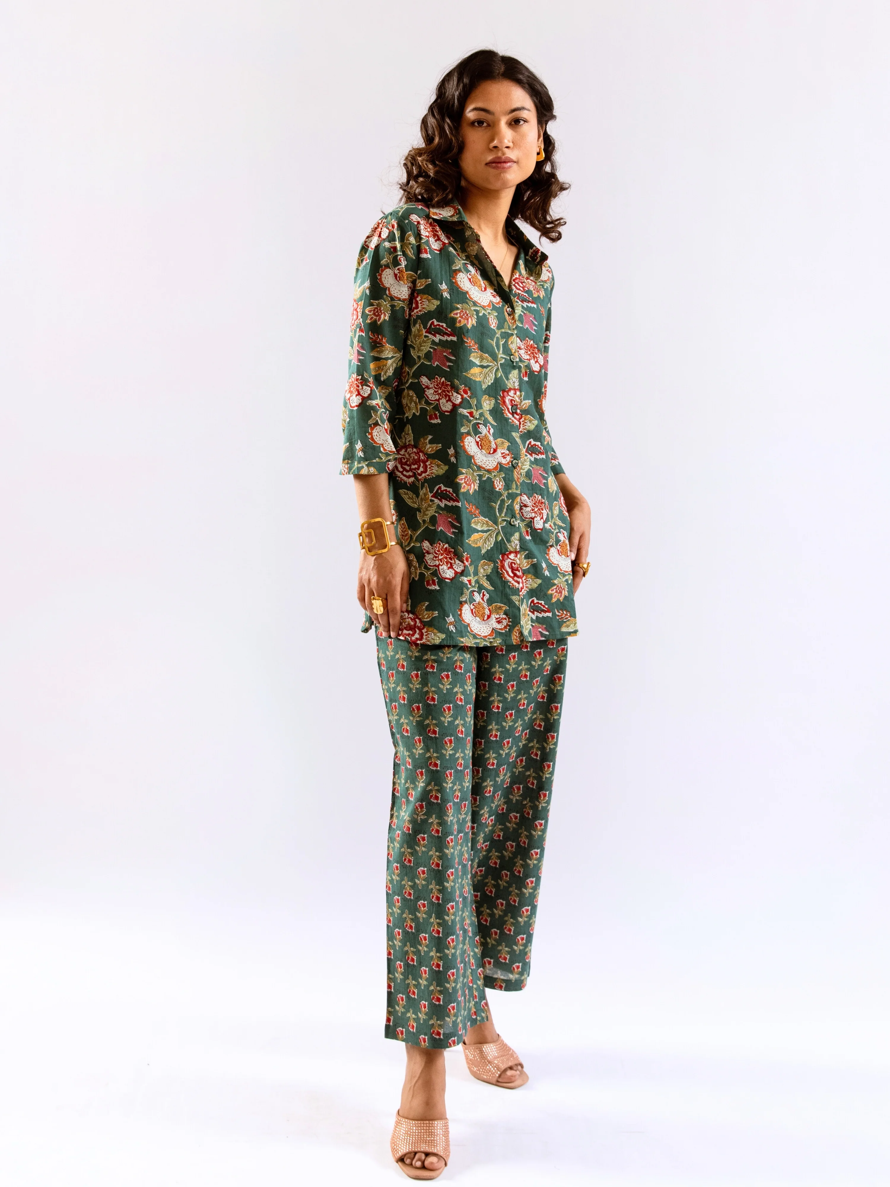 Green Leafy Charm Print Pure Cotton Collar Shirt Co-ord set - Image 10