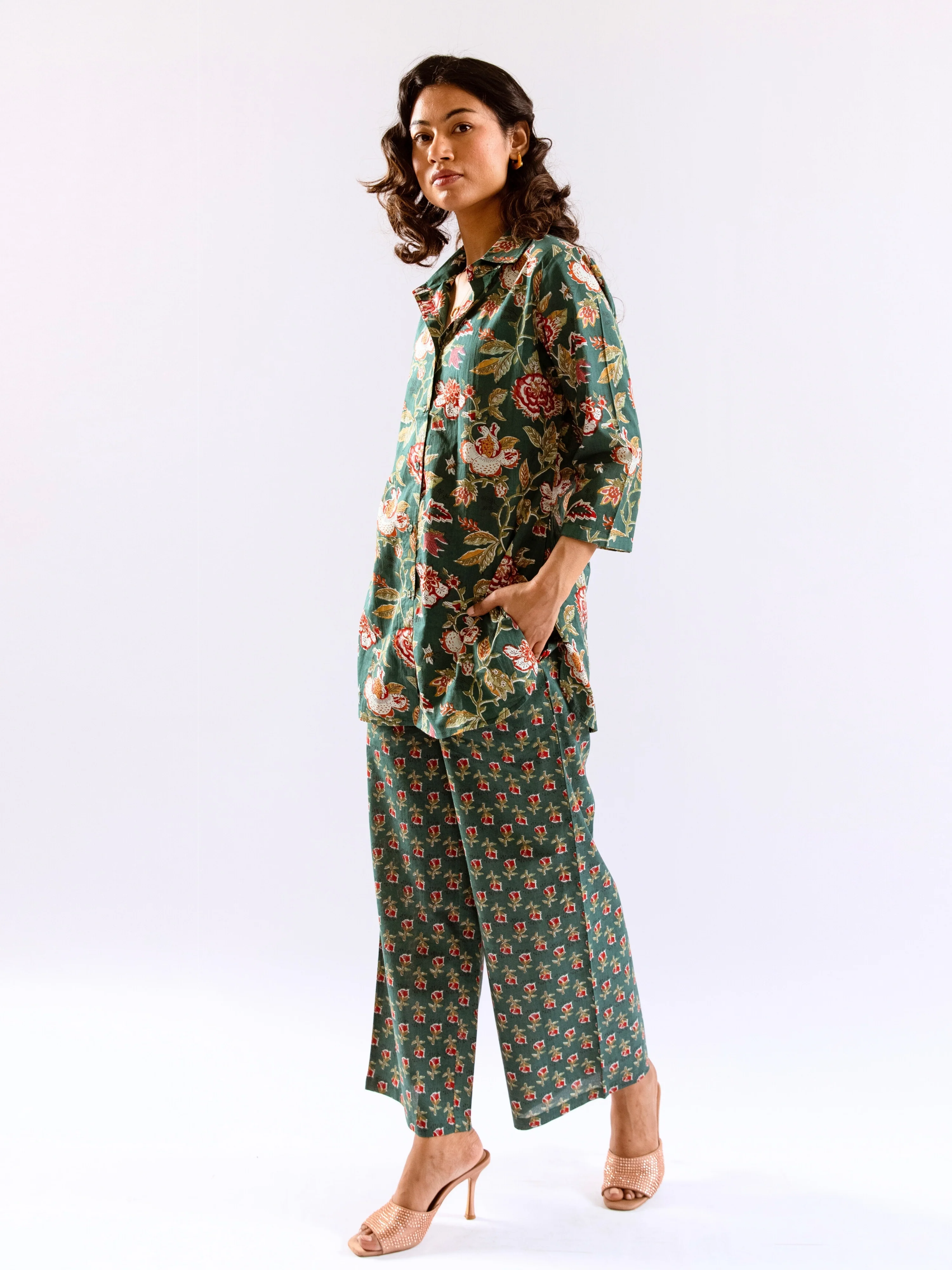 Green Leafy Charm Print Pure Cotton Collar Shirt Co-ord set - Image 11