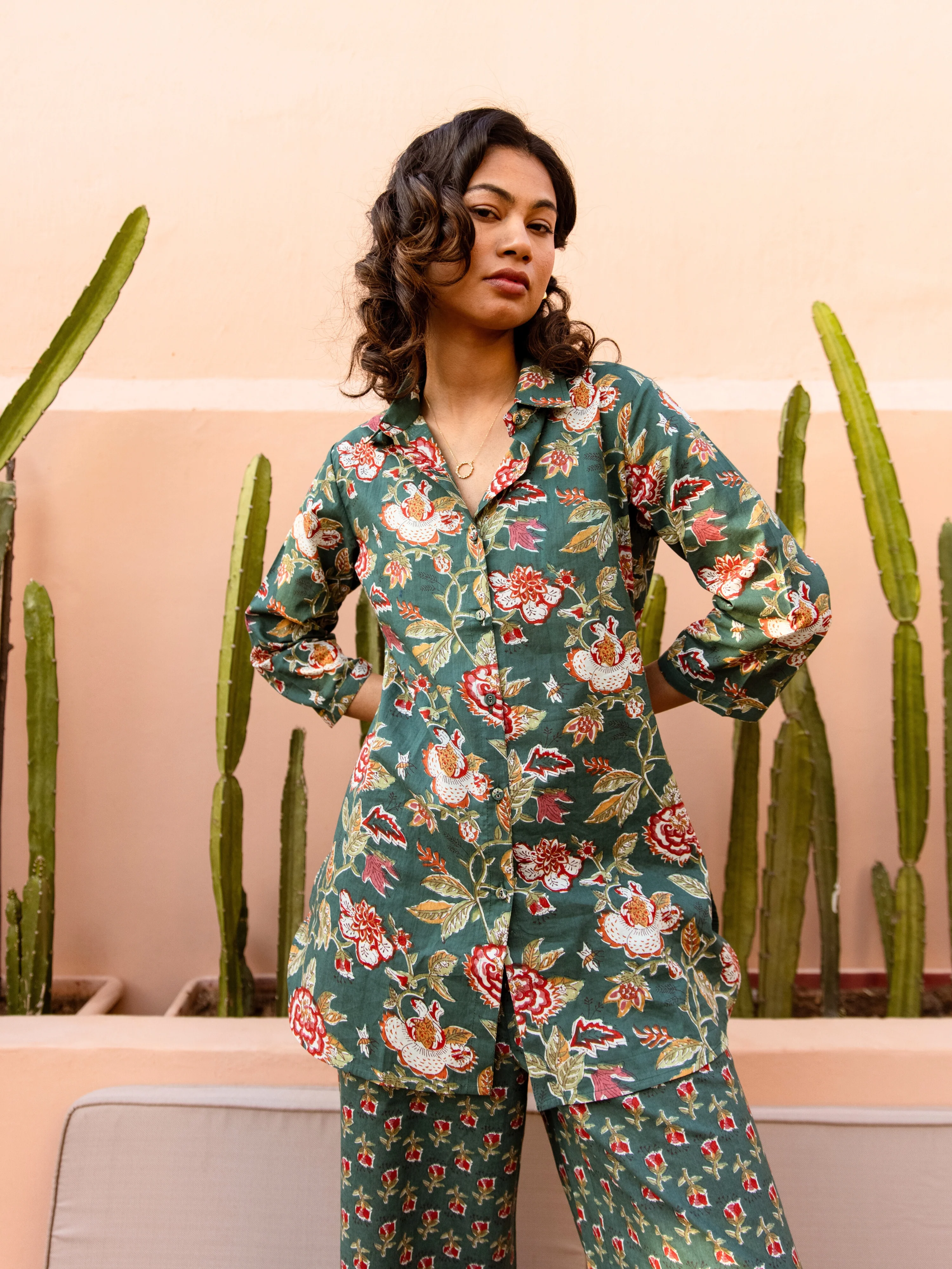 Green Leafy Charm Print Pure Cotton Collar Shirt Co-ord set - Image 5