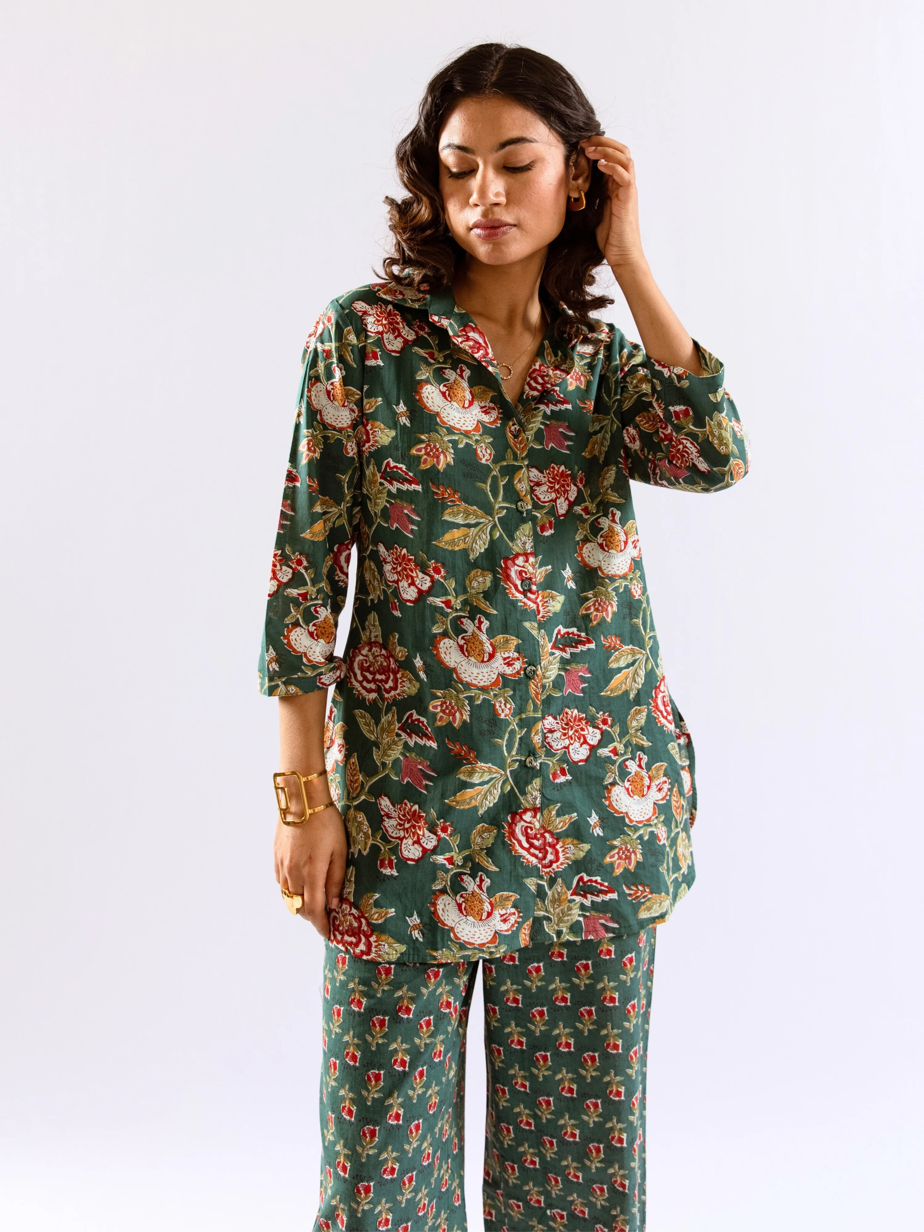 Green Leafy Charm Print Pure Cotton Collar Shirt Co-ord set - Image 6