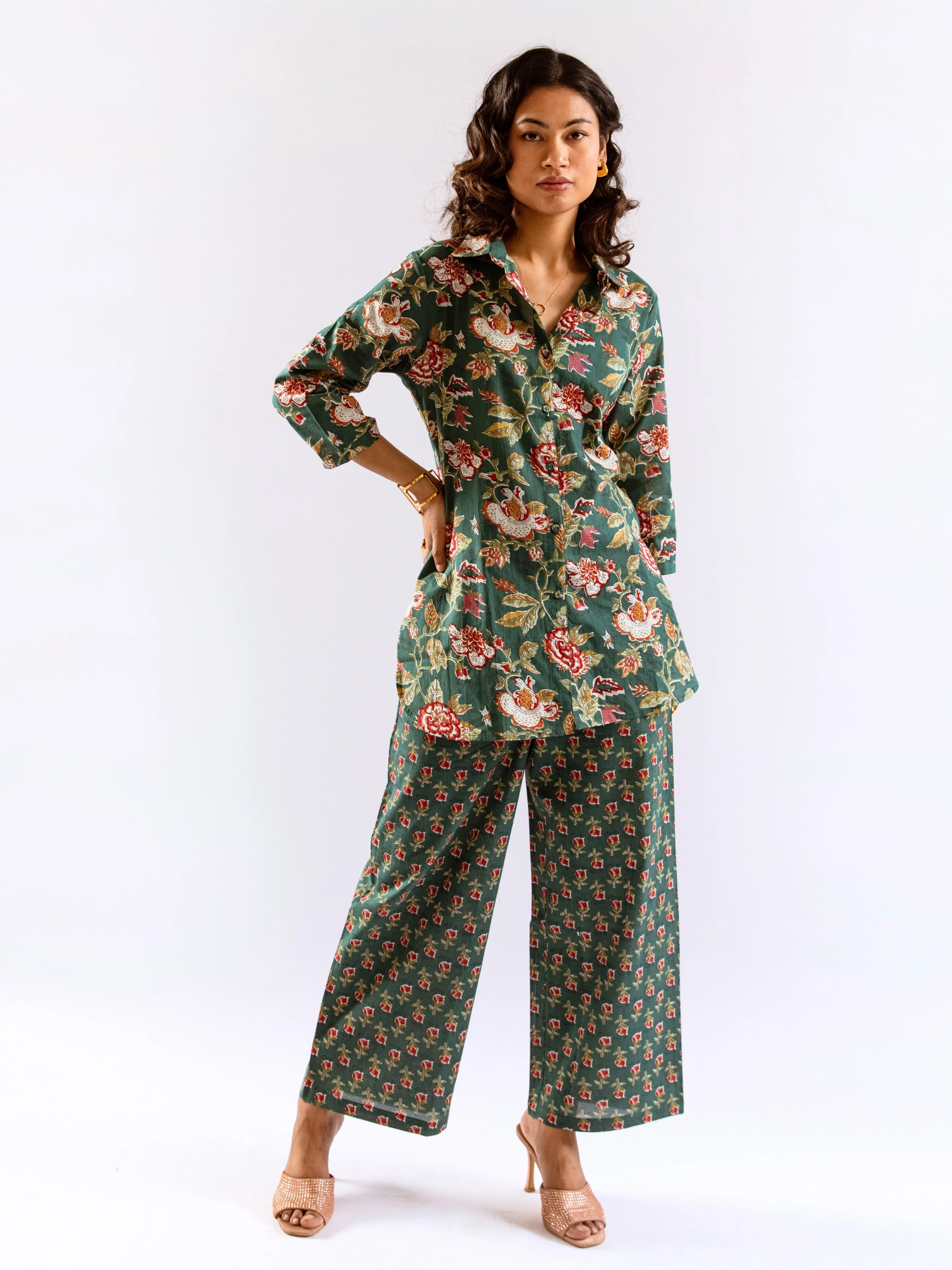 Green Leafy Charm Print Pure Cotton Collar Shirt Co-ord set - Image 7