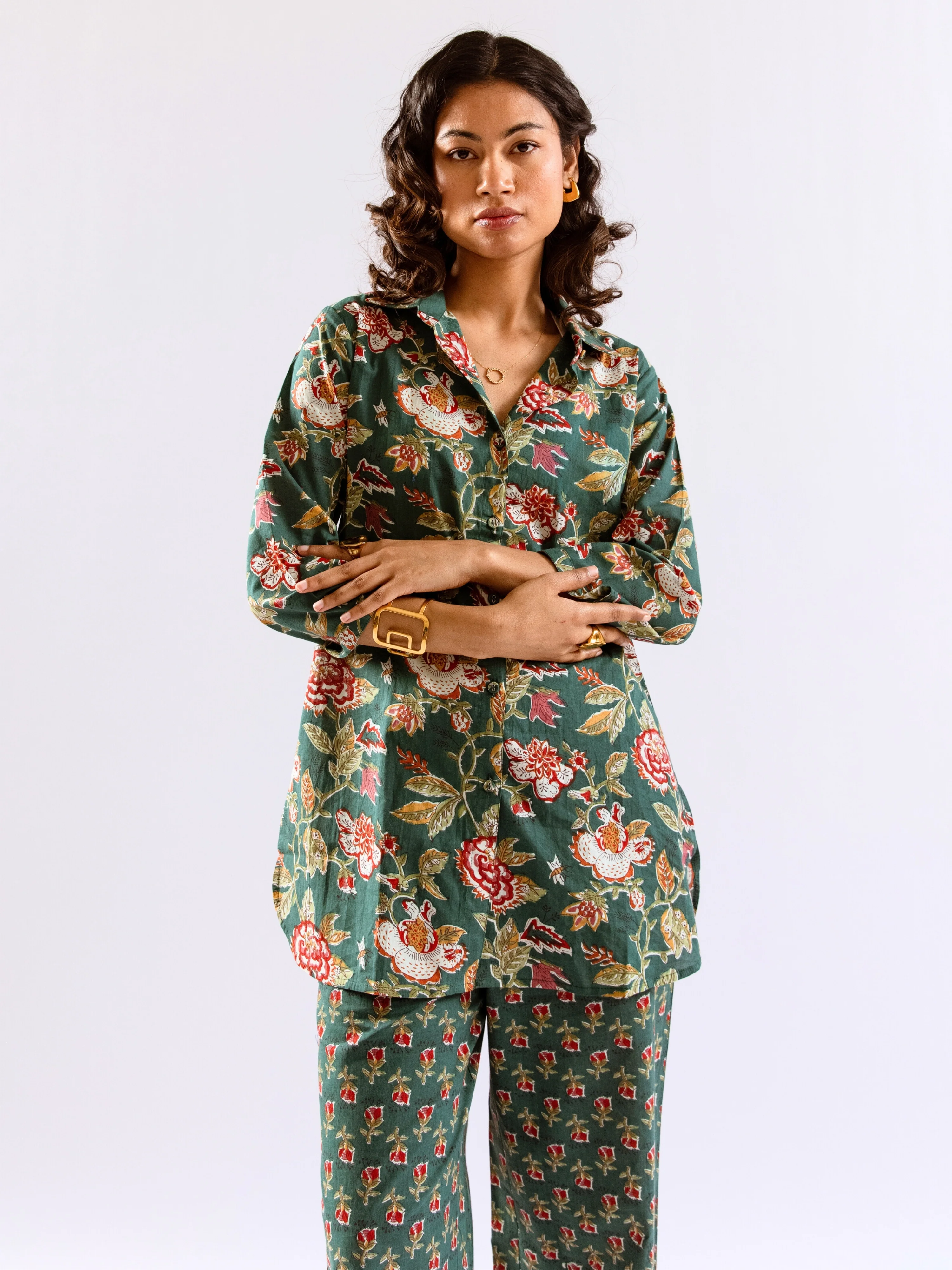 Green Leafy Charm Print Pure Cotton Collar Shirt Co-ord set - Image 8