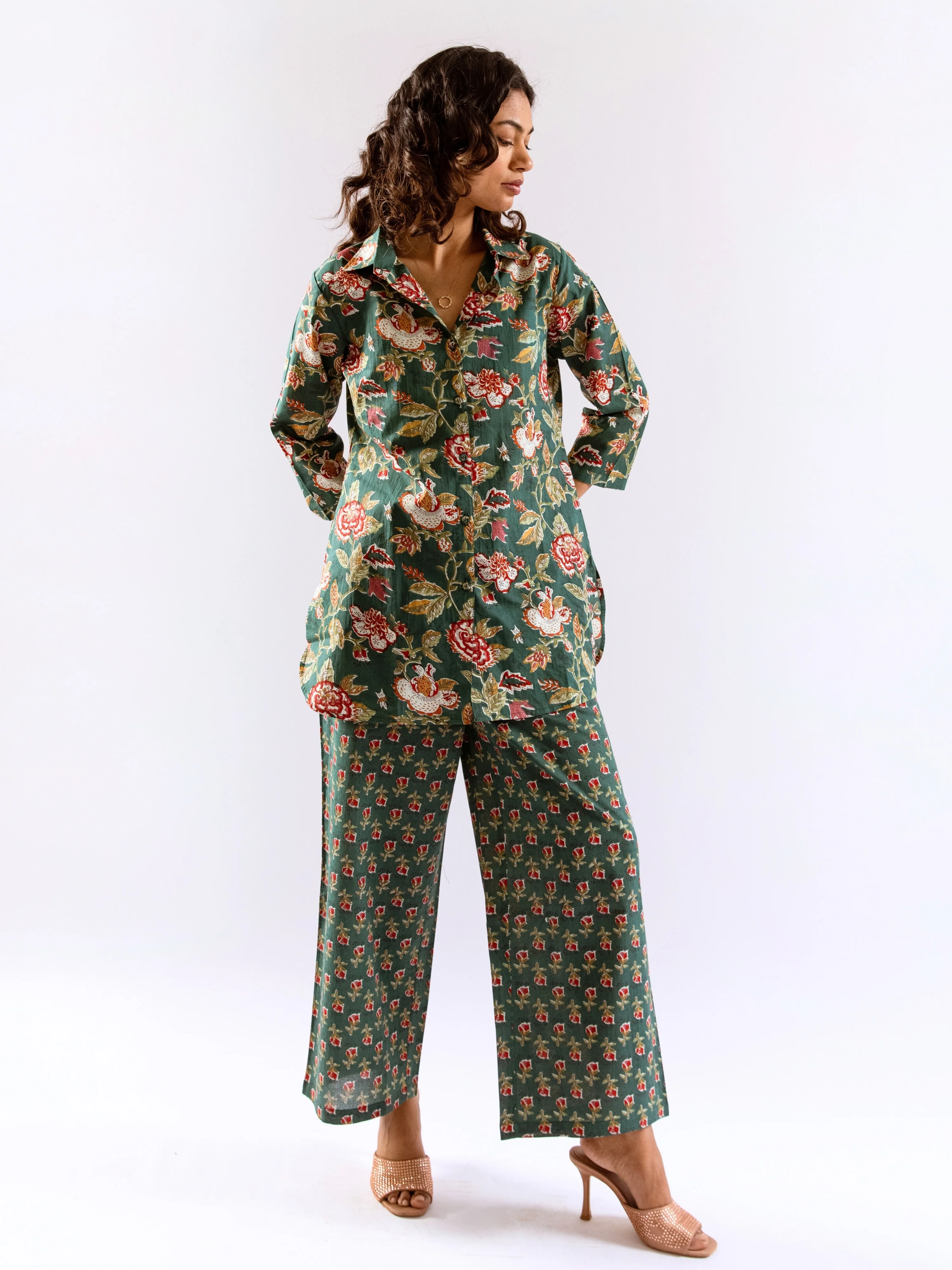 Green Leafy Charm Print Pure Cotton Collar Shirt Co-ord set - Image 9