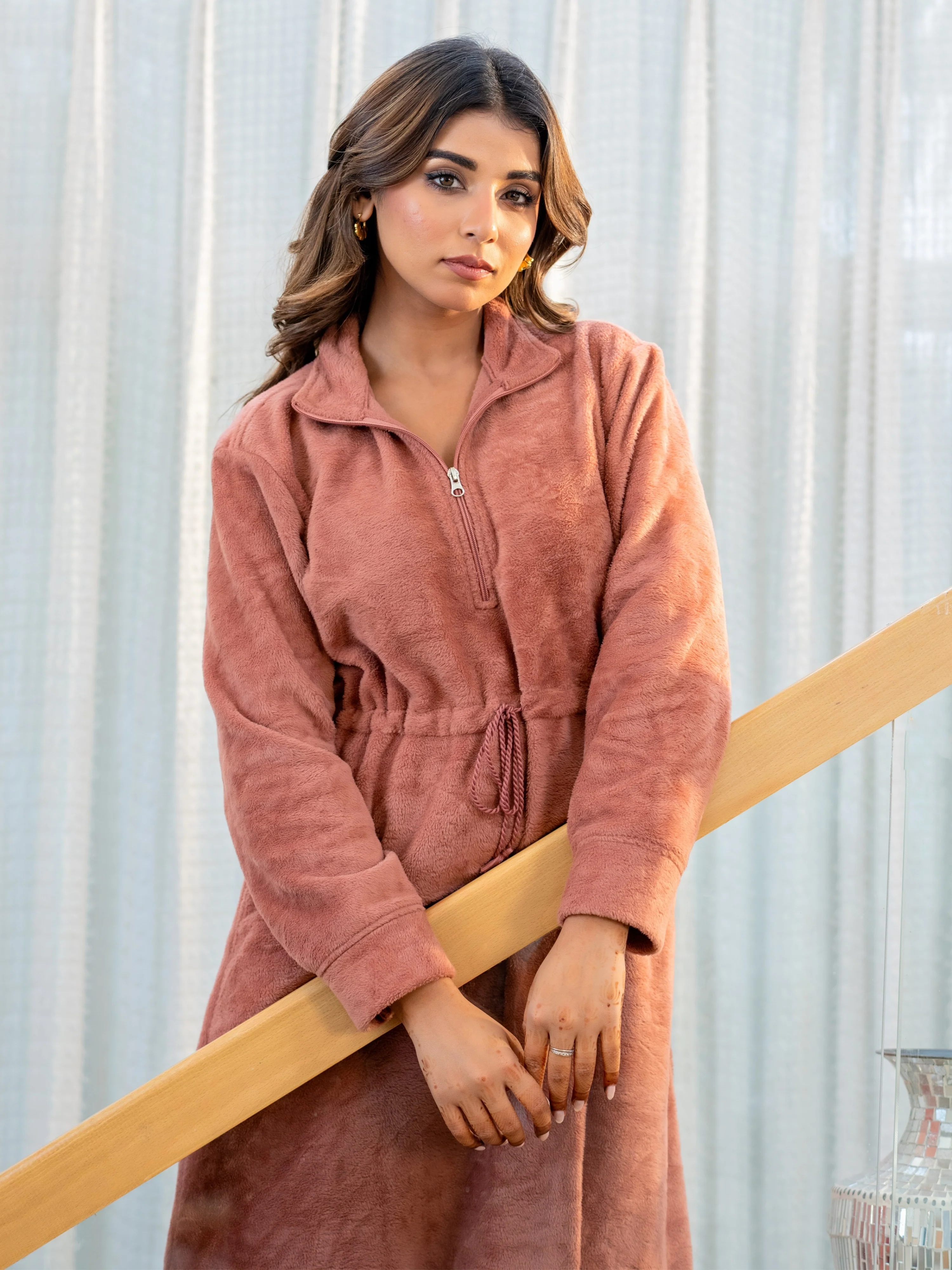 Half Zip Super Soft Dusty Pink Woollen Tie-up Midi Dress - Image 6