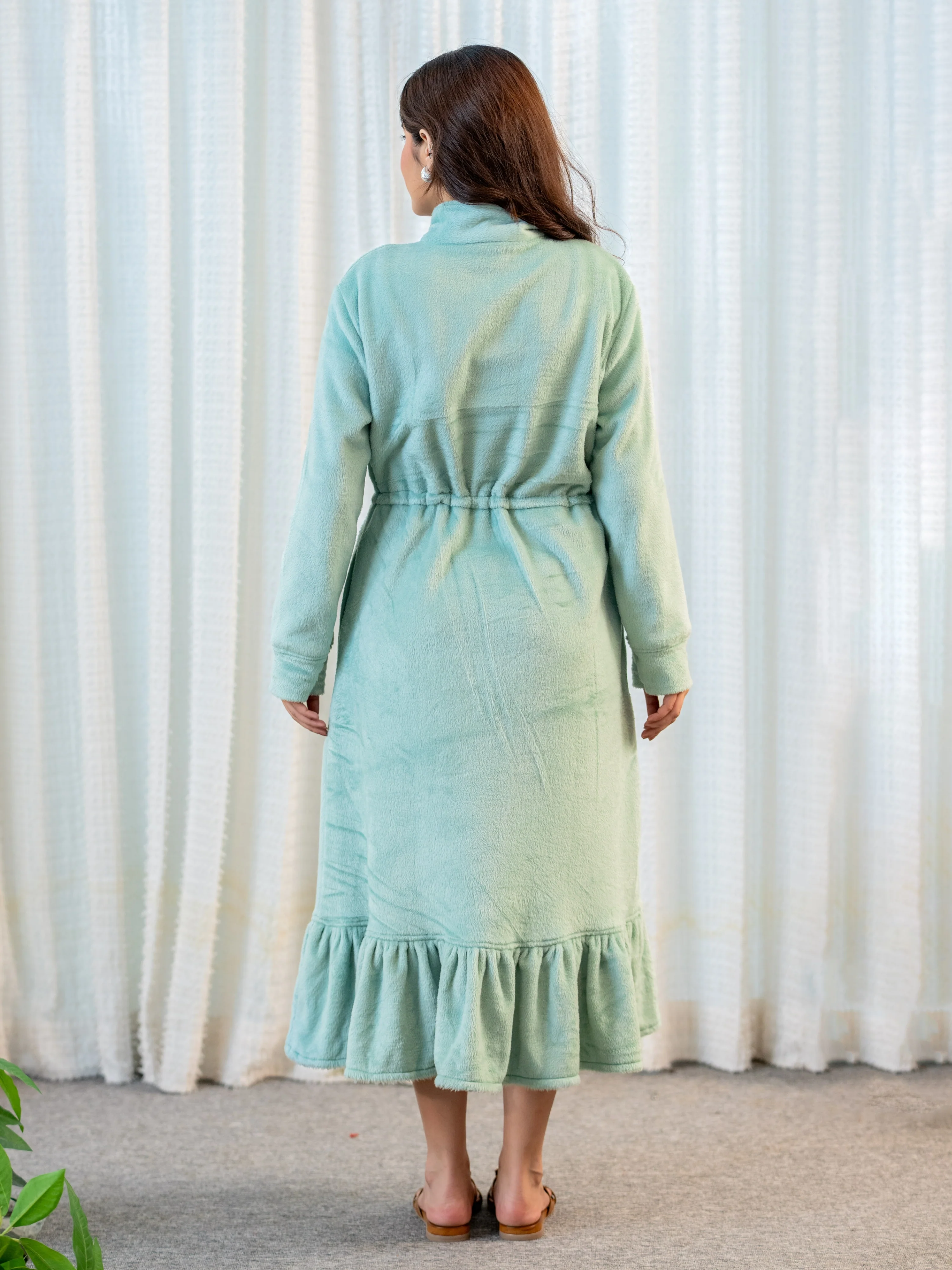 Half Zip Super Soft Torquoise Woollen Tie-up Midi Dress - Image 10