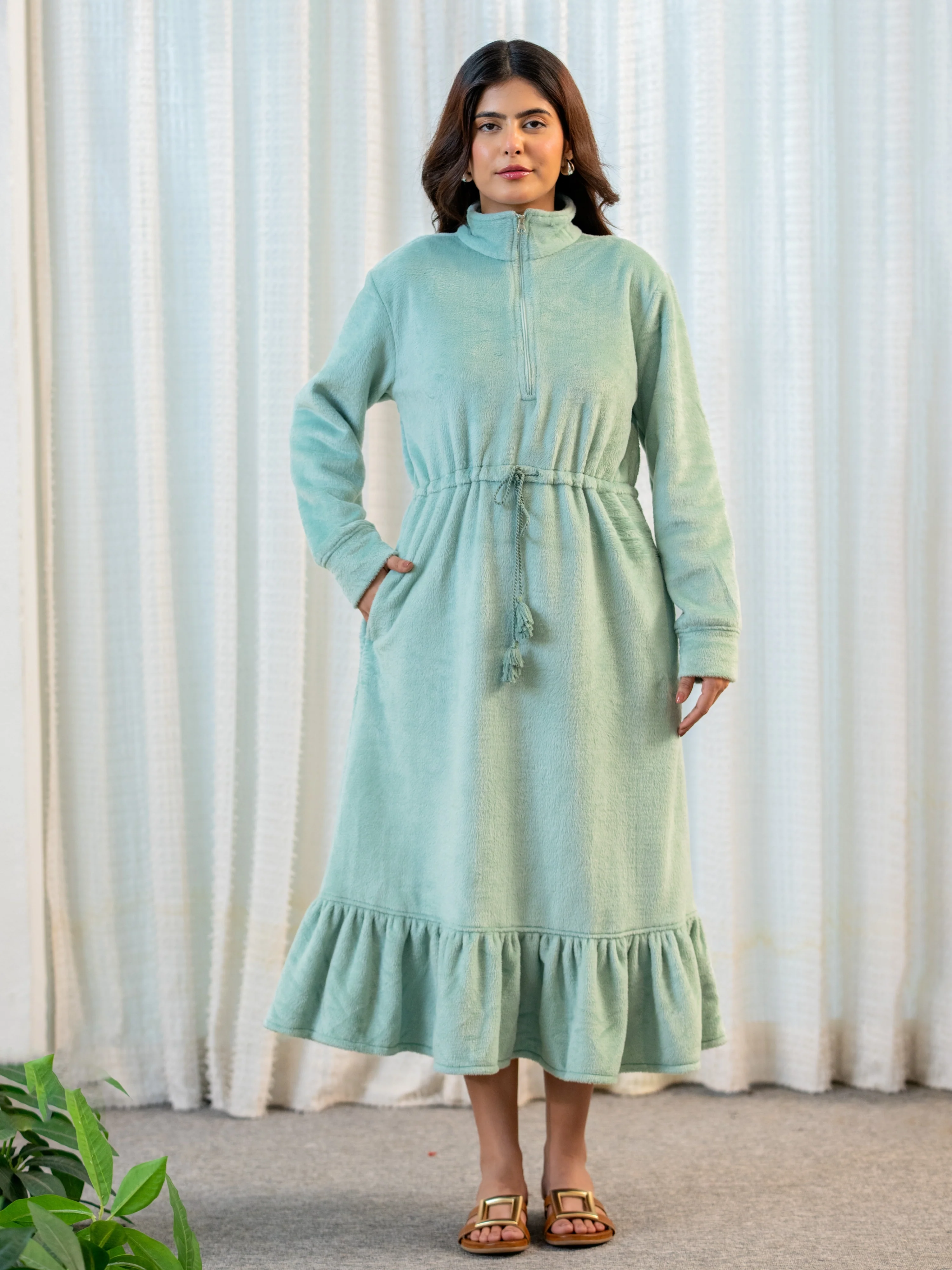 Half Zip Super Soft Torquoise Woollen Tie-up Midi Dress - Image 4