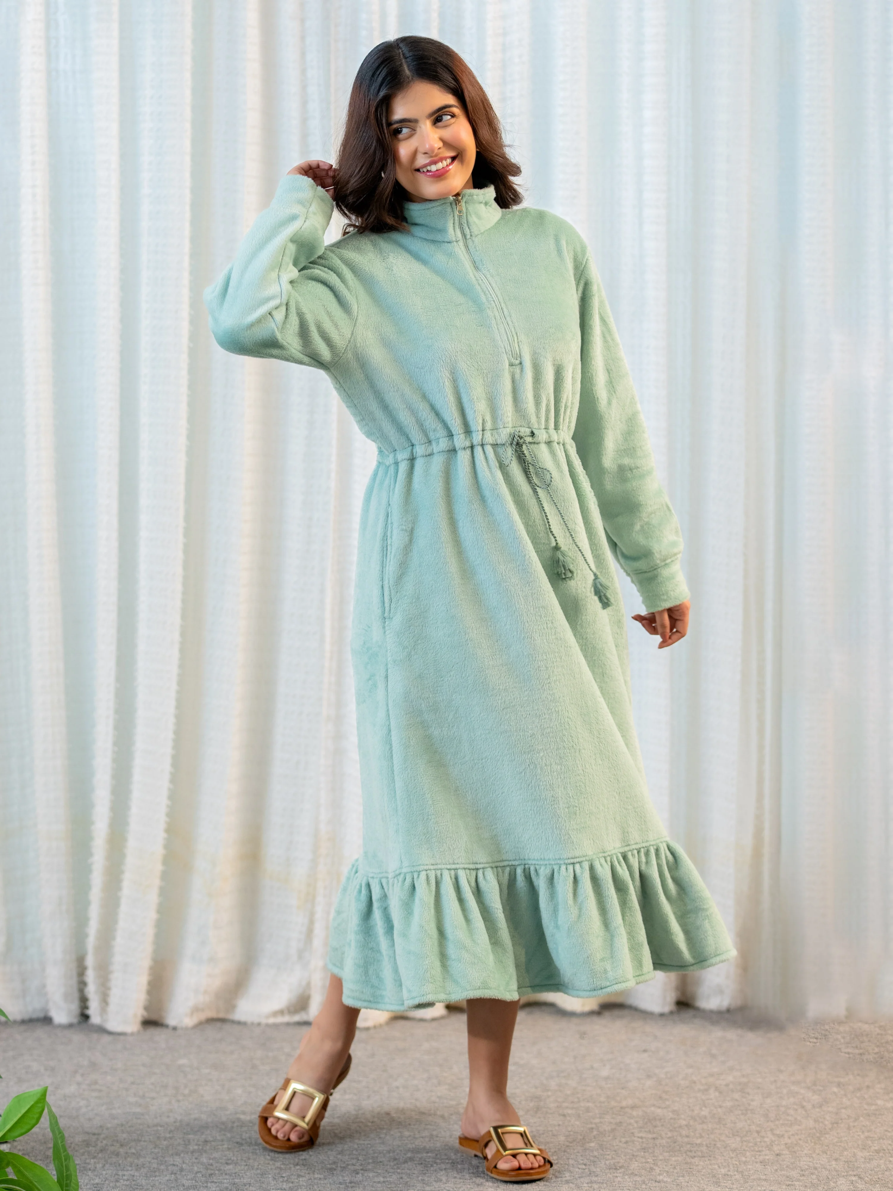 Half Zip Super Soft Torquoise Woollen Tie-up Midi Dress - Image 7