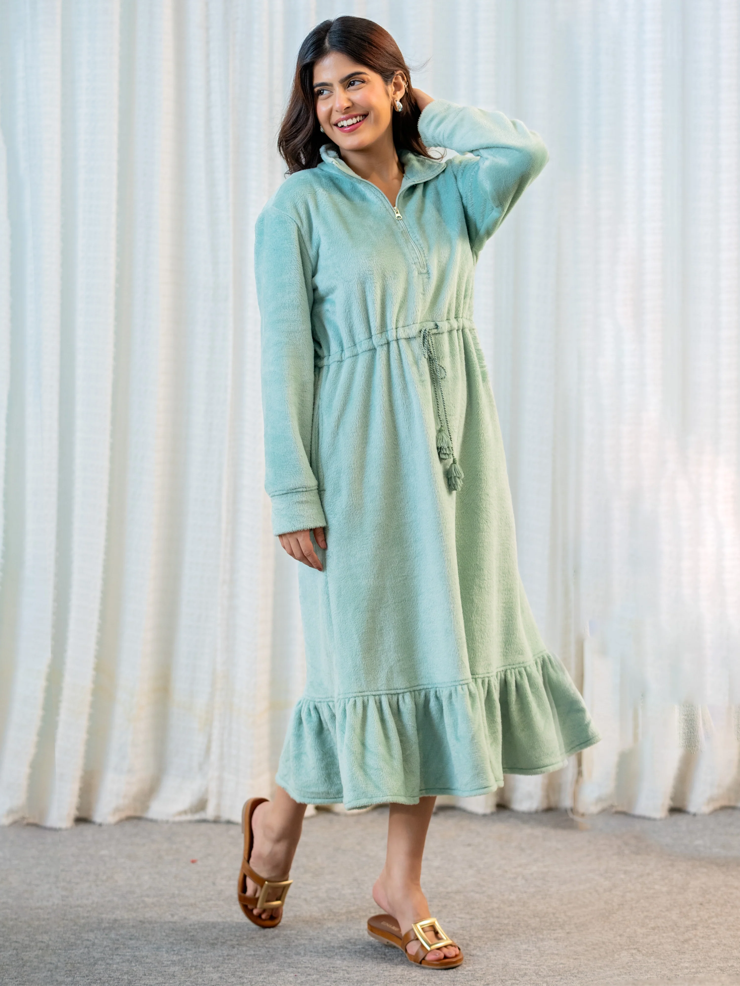 Half Zip Super Soft Torquoise Woollen Tie-up Midi Dress - Image 9