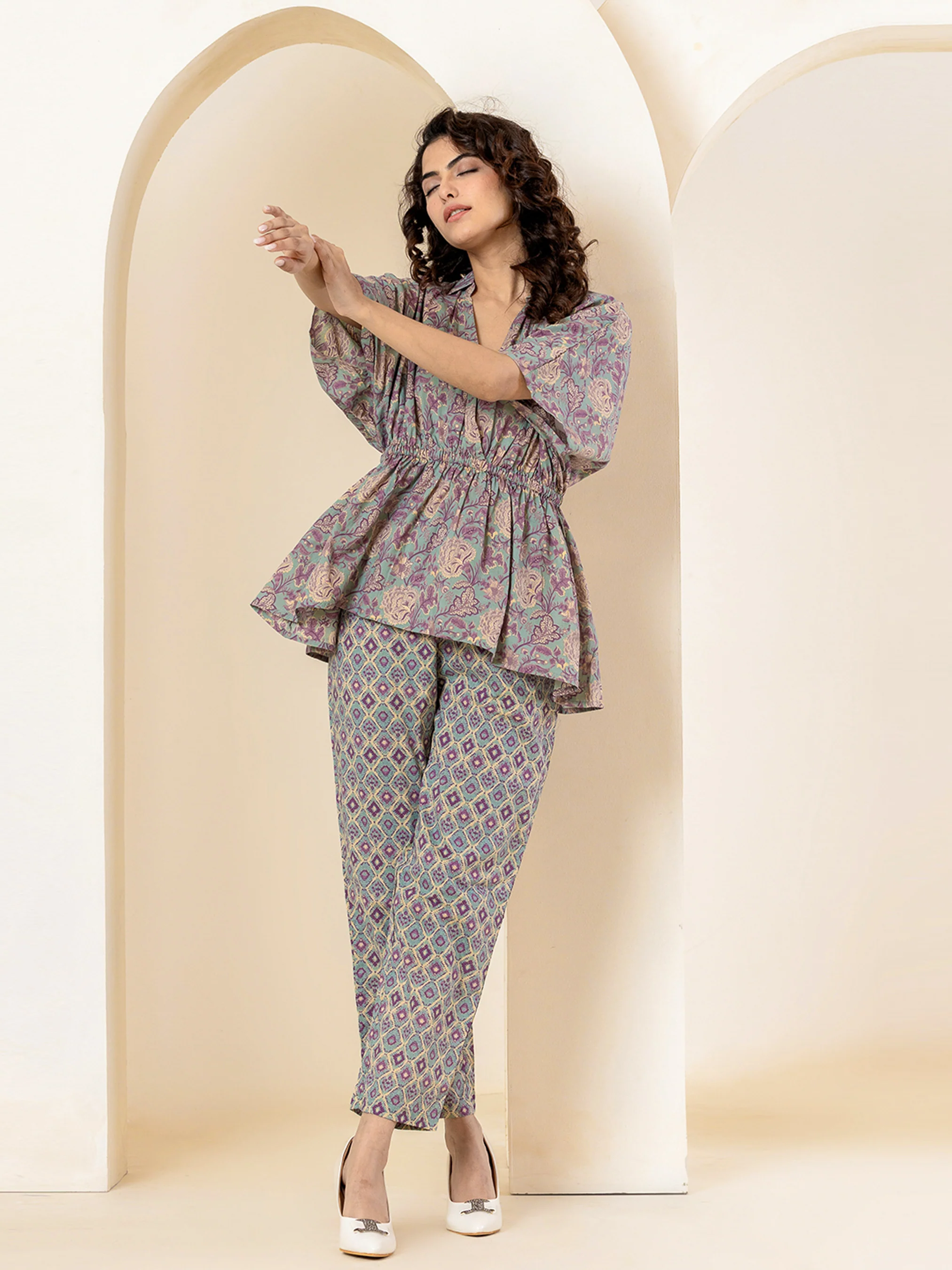 High Low Purple green Pure cotton Hand Printed Loungewear - Image 10