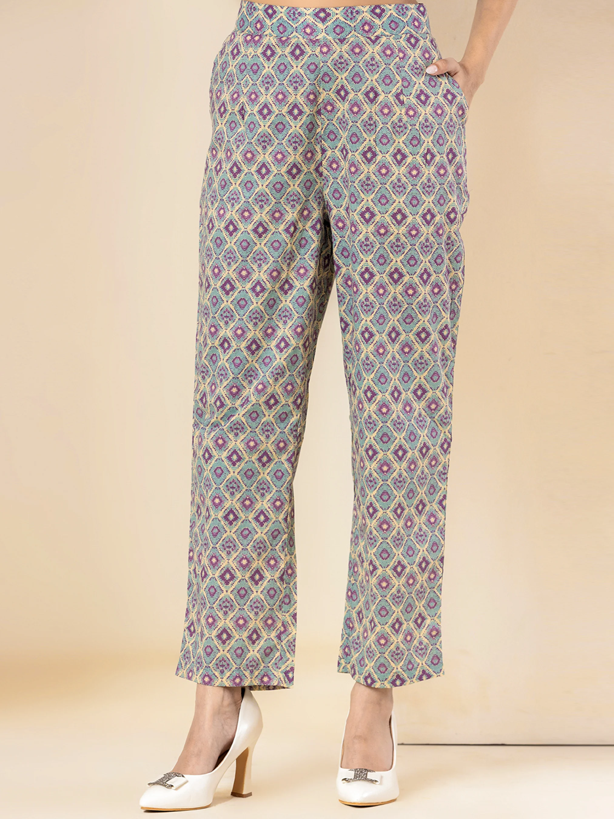 High Low Purple green Pure cotton Hand Printed Loungewear - Image 4