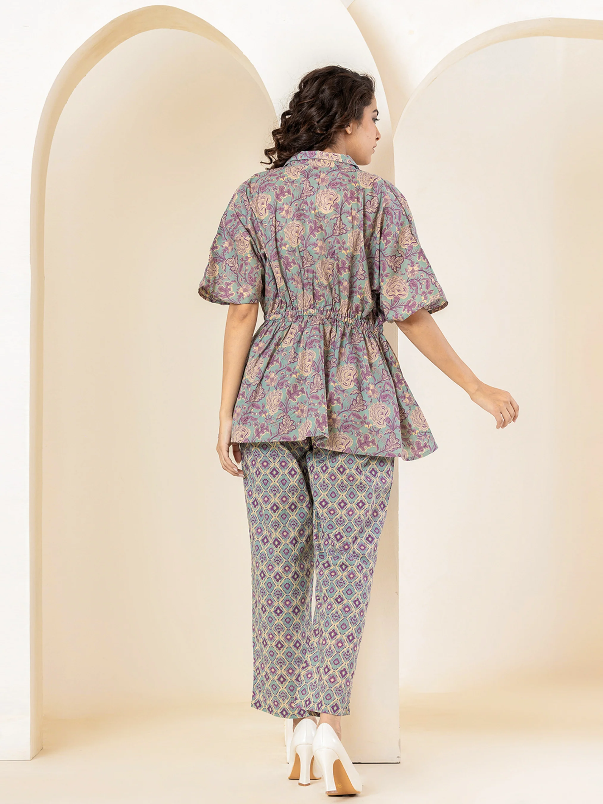 High Low Purple green Pure cotton Hand Printed Loungewear - Image 5