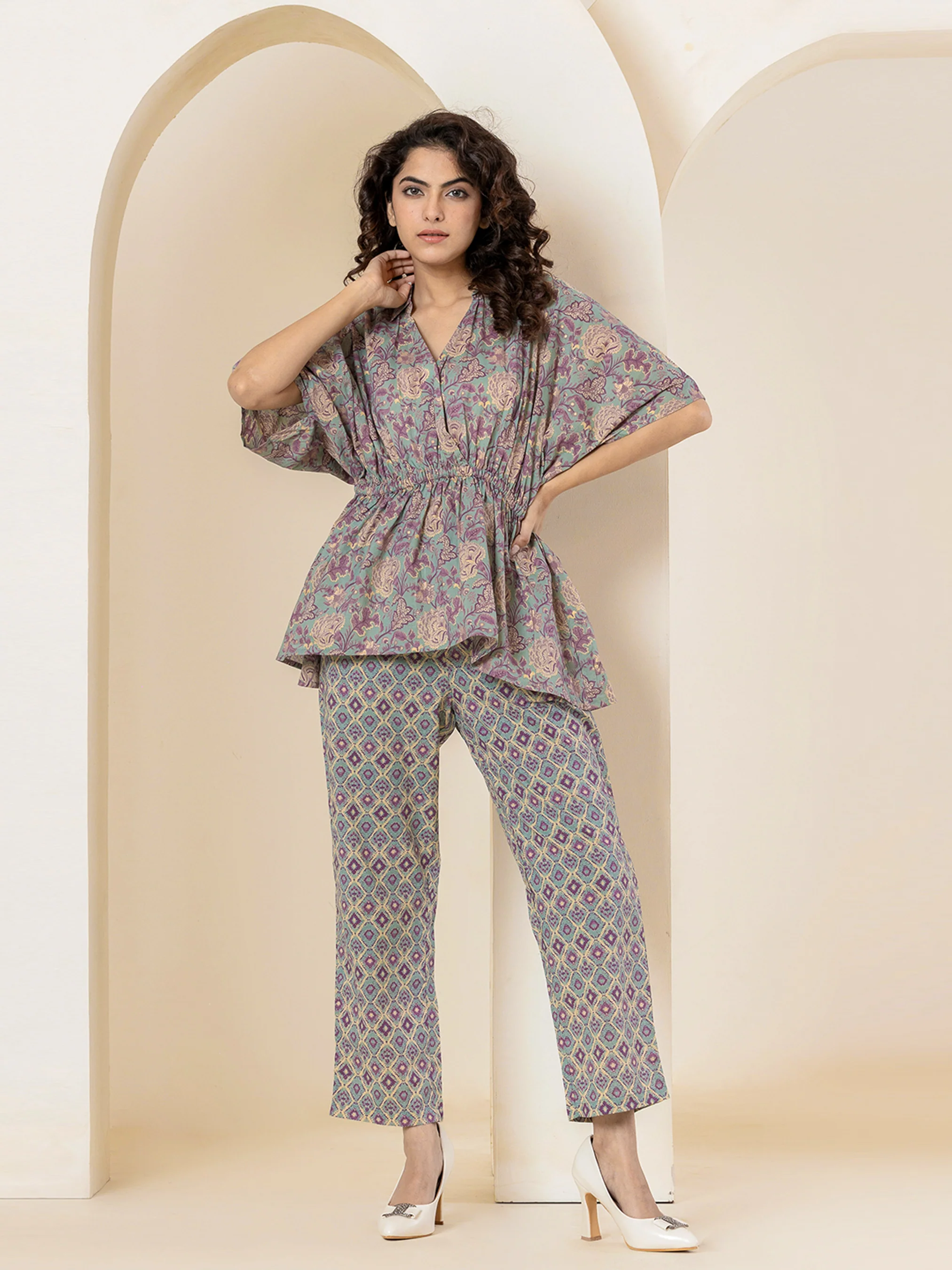 High Low Purple green Pure cotton Hand Printed Loungewear - Image 7