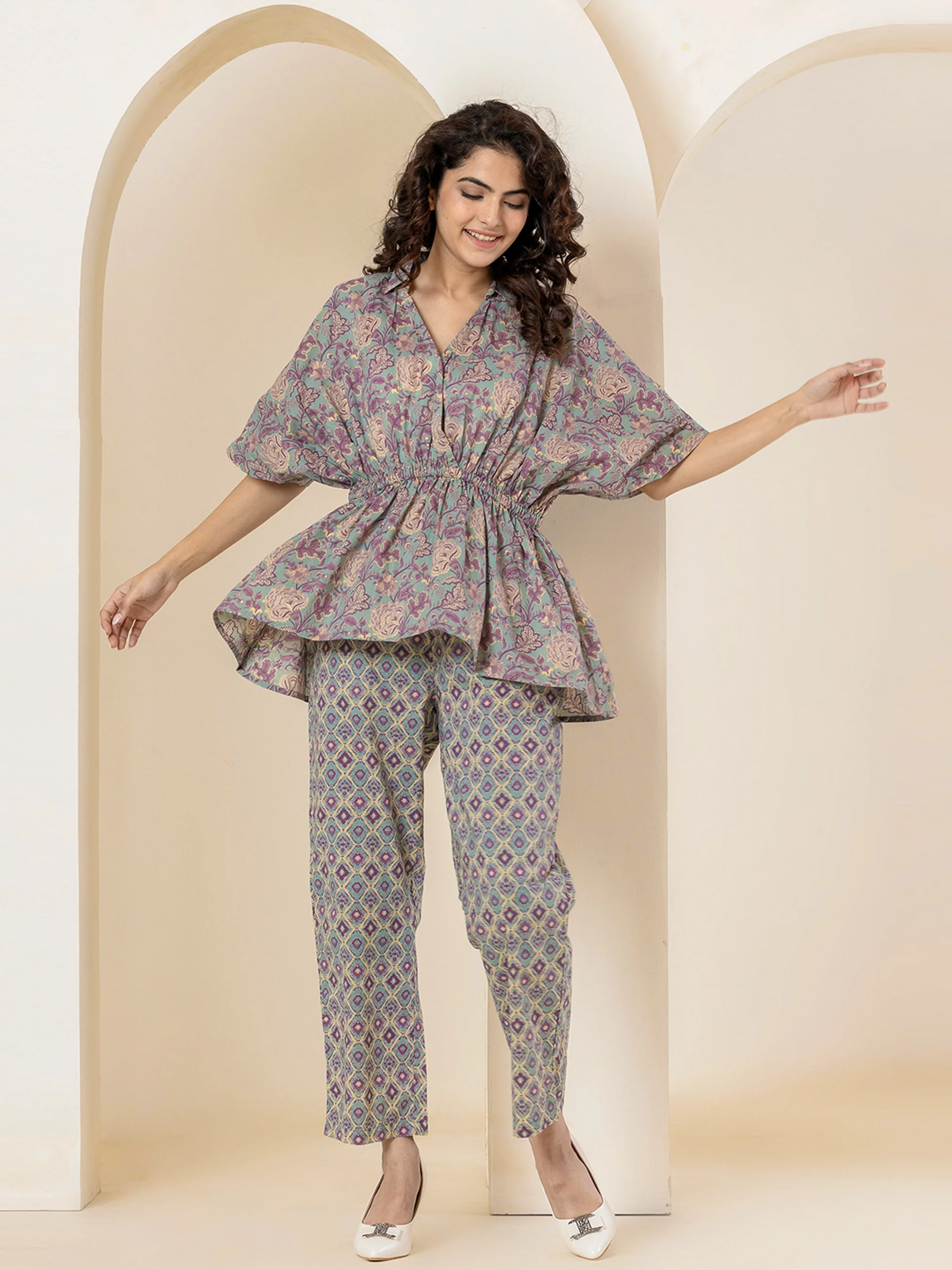 High Low Purple green Pure cotton Hand Printed Loungewear - Image 8